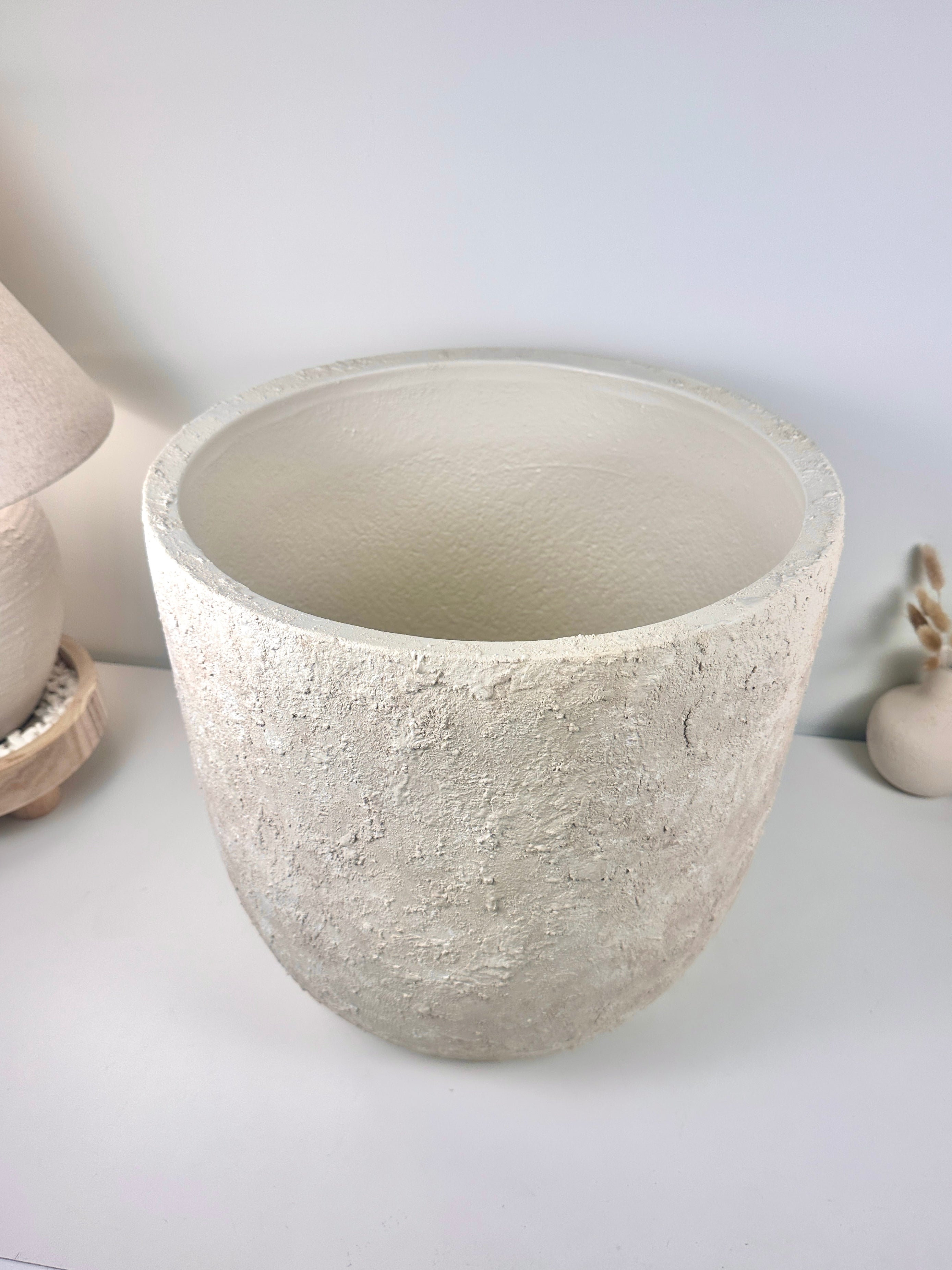 17" Tall Minimalist Hand-Painted & Textured Planter Pot with Drainage Hole one time creation - cream wash