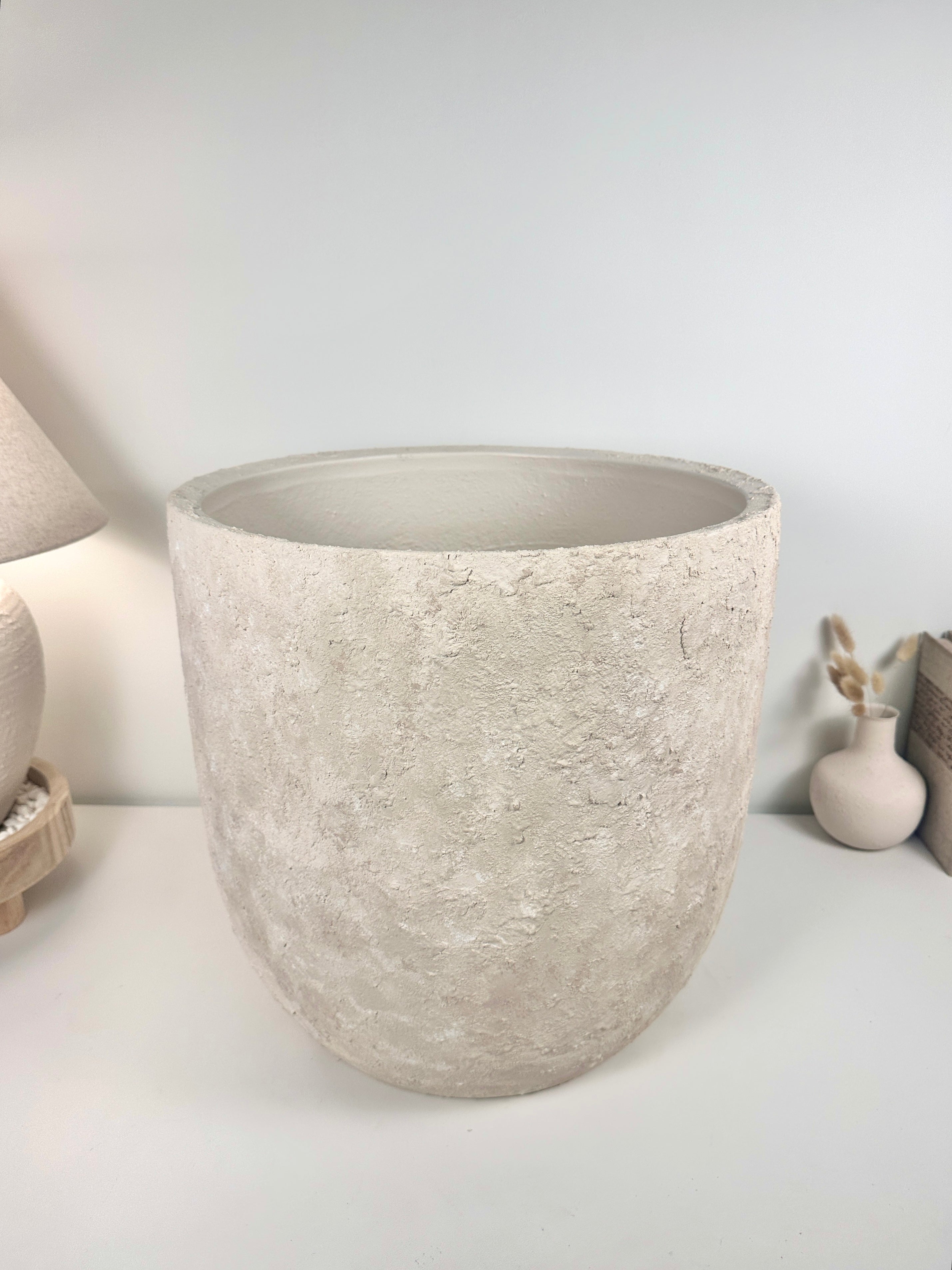 17" Tall Minimalist Hand-Painted & Textured Planter Pot with Drainage Hole one time creation - cream wash
