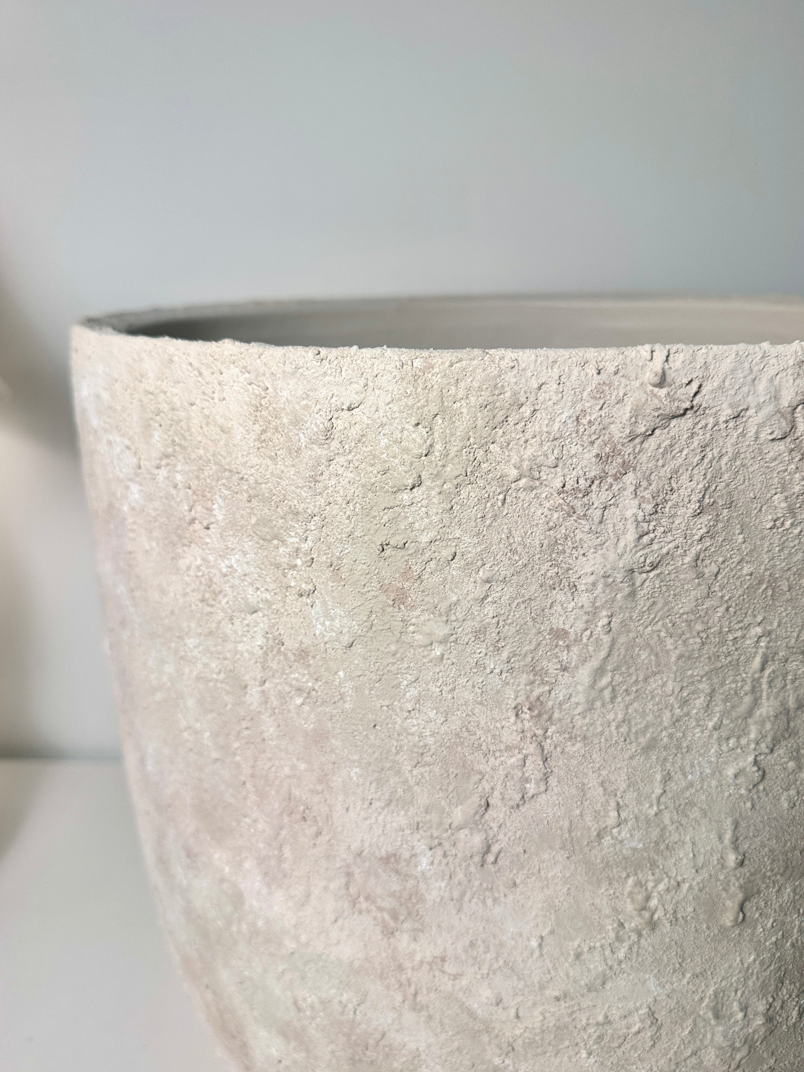 17" Tall Minimalist Hand-Painted & Textured Planter Pot with Drainage Hole one time creation - cream wash