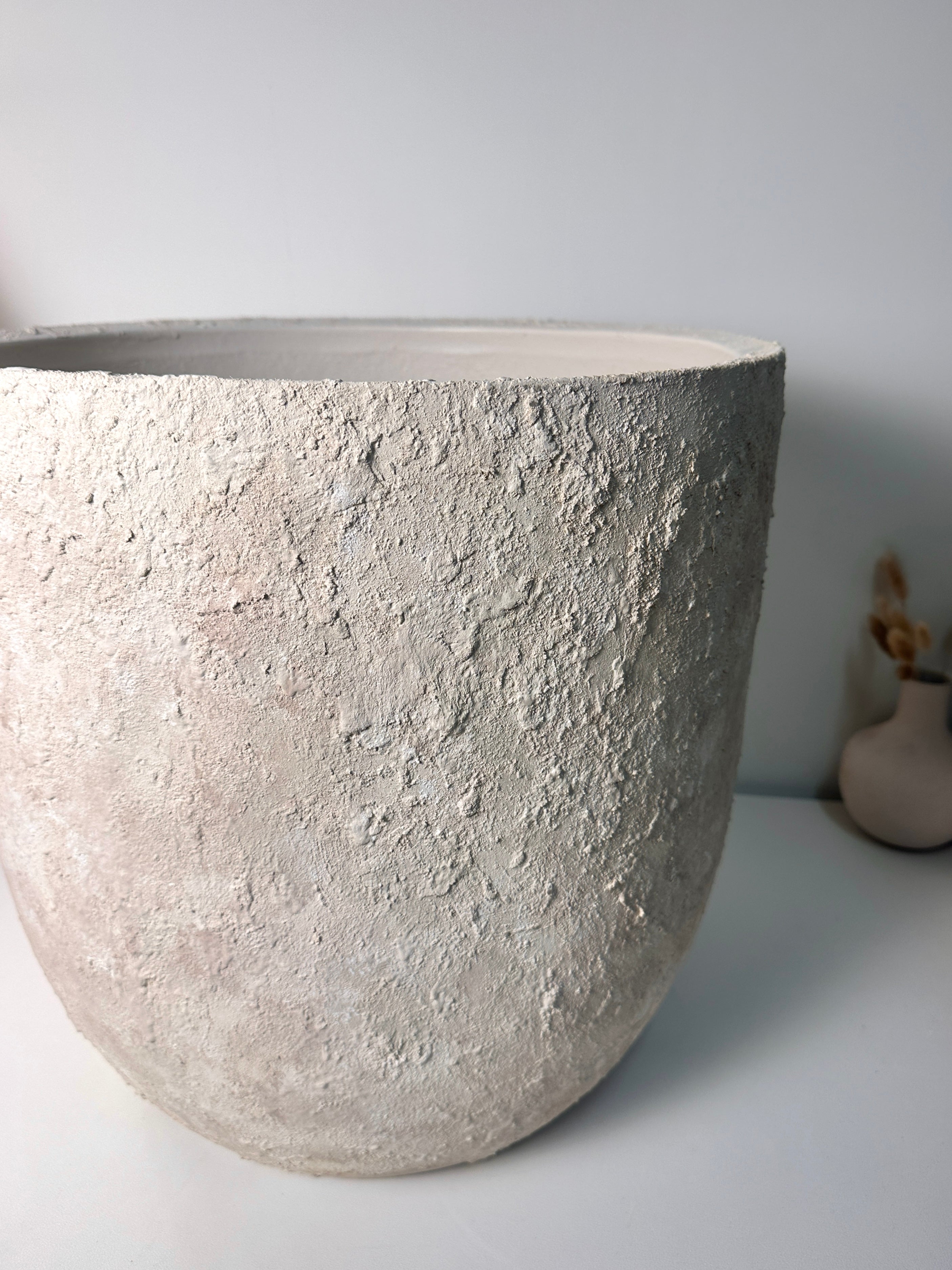 17" Tall Minimalist Hand-Painted & Textured Planter Pot with Drainage Hole one time creation - cream wash