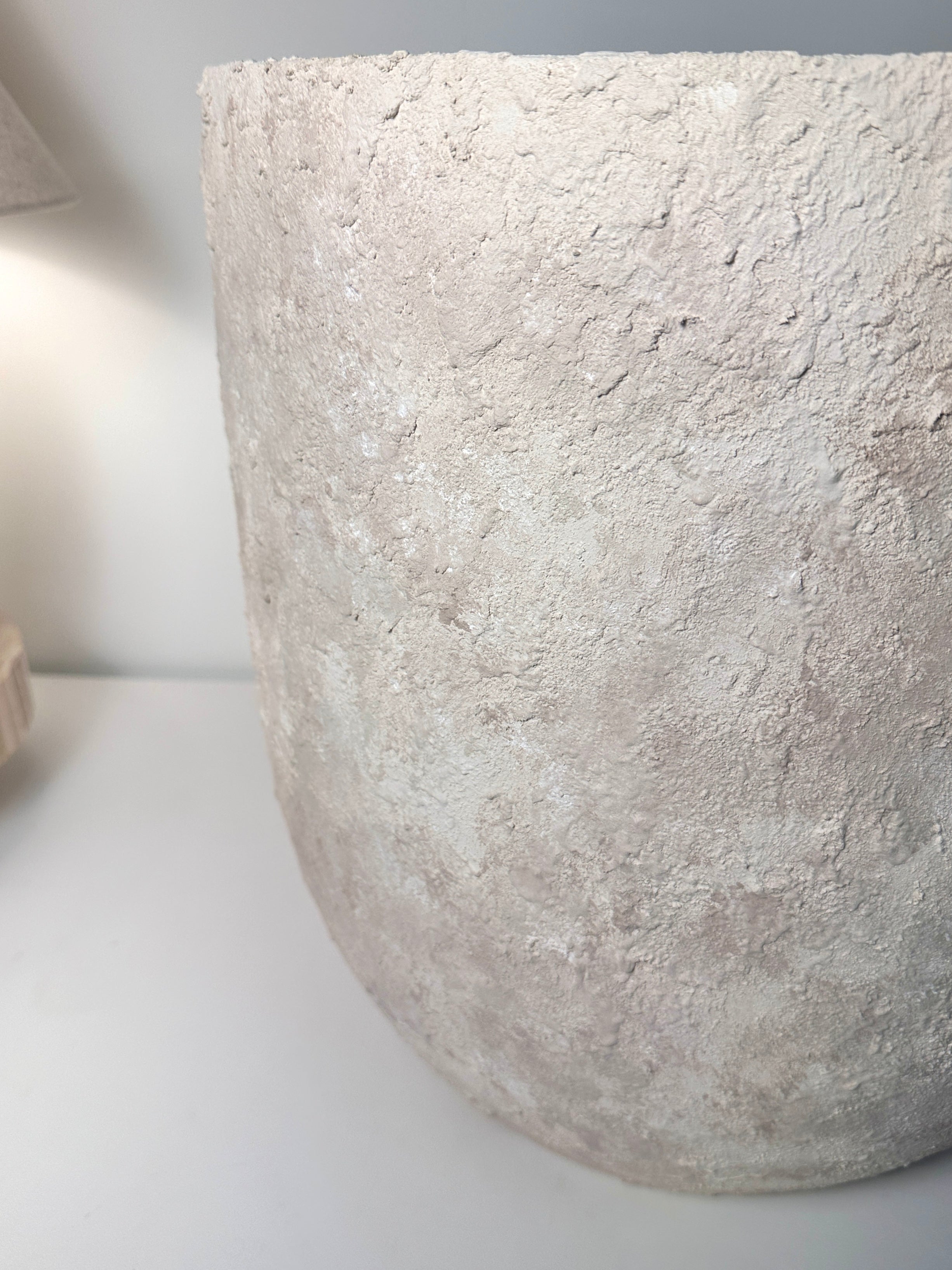 17" Tall Minimalist Hand-Painted & Textured Planter Pot with Drainage Hole one time creation - cream wash
