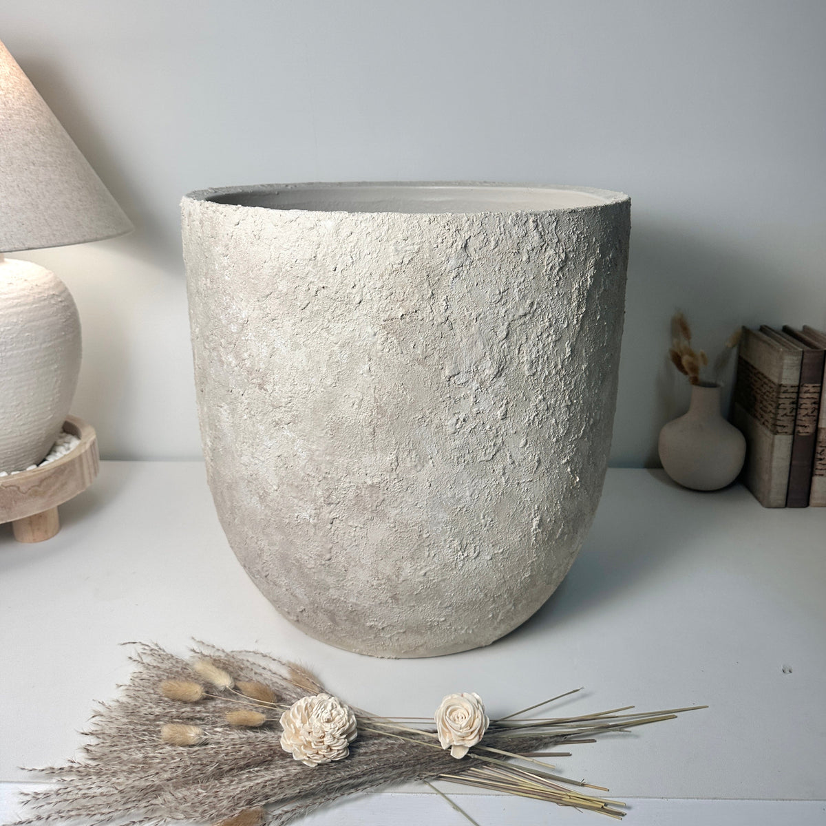 17" Tall Minimalist Hand-Painted & Textured Planter Pot with Drainage Hole one time creation - cream wash