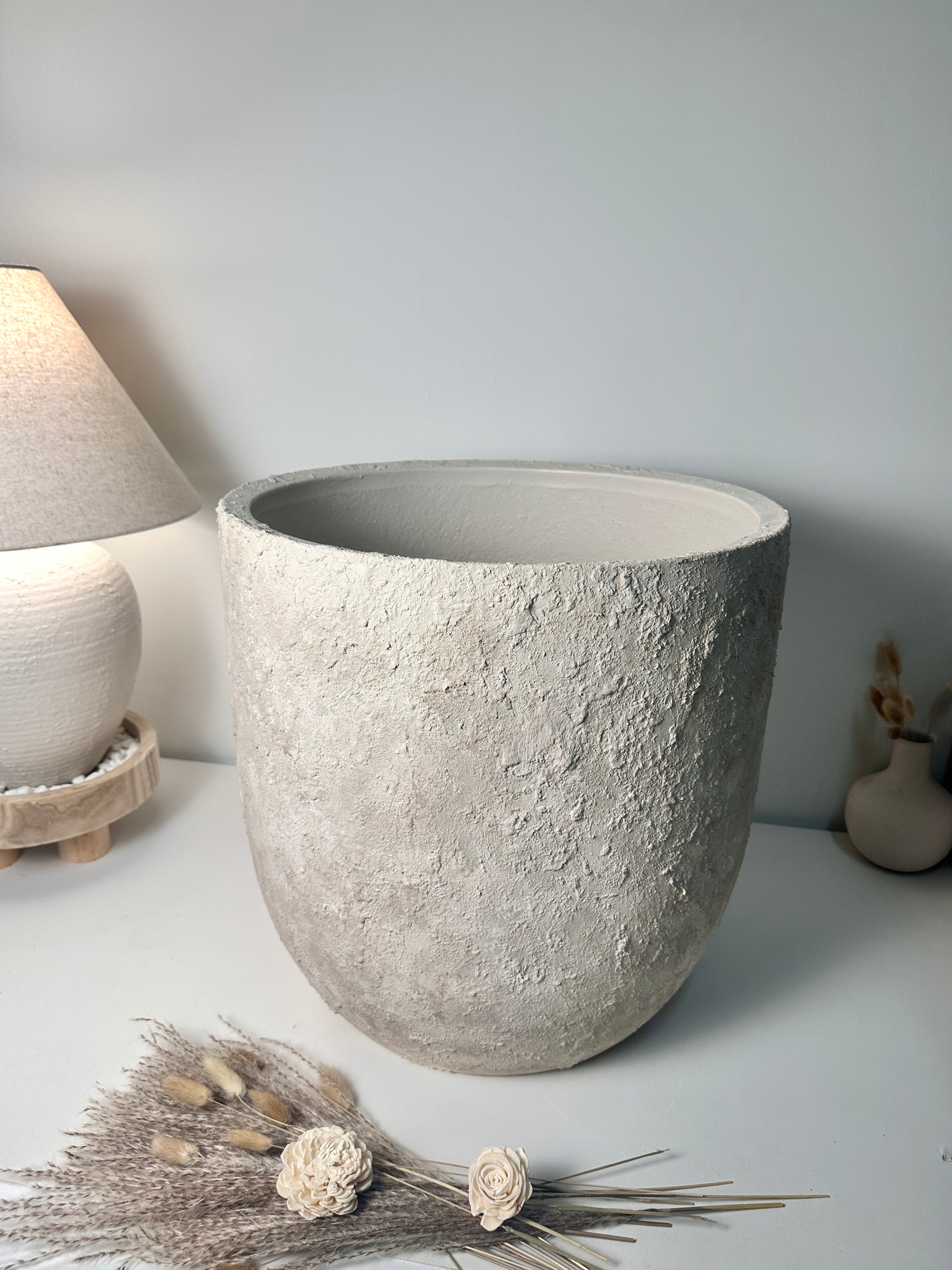 17" Tall Minimalist Hand-Painted & Textured Planter Pot with Drainage Hole one time creation - cream wash