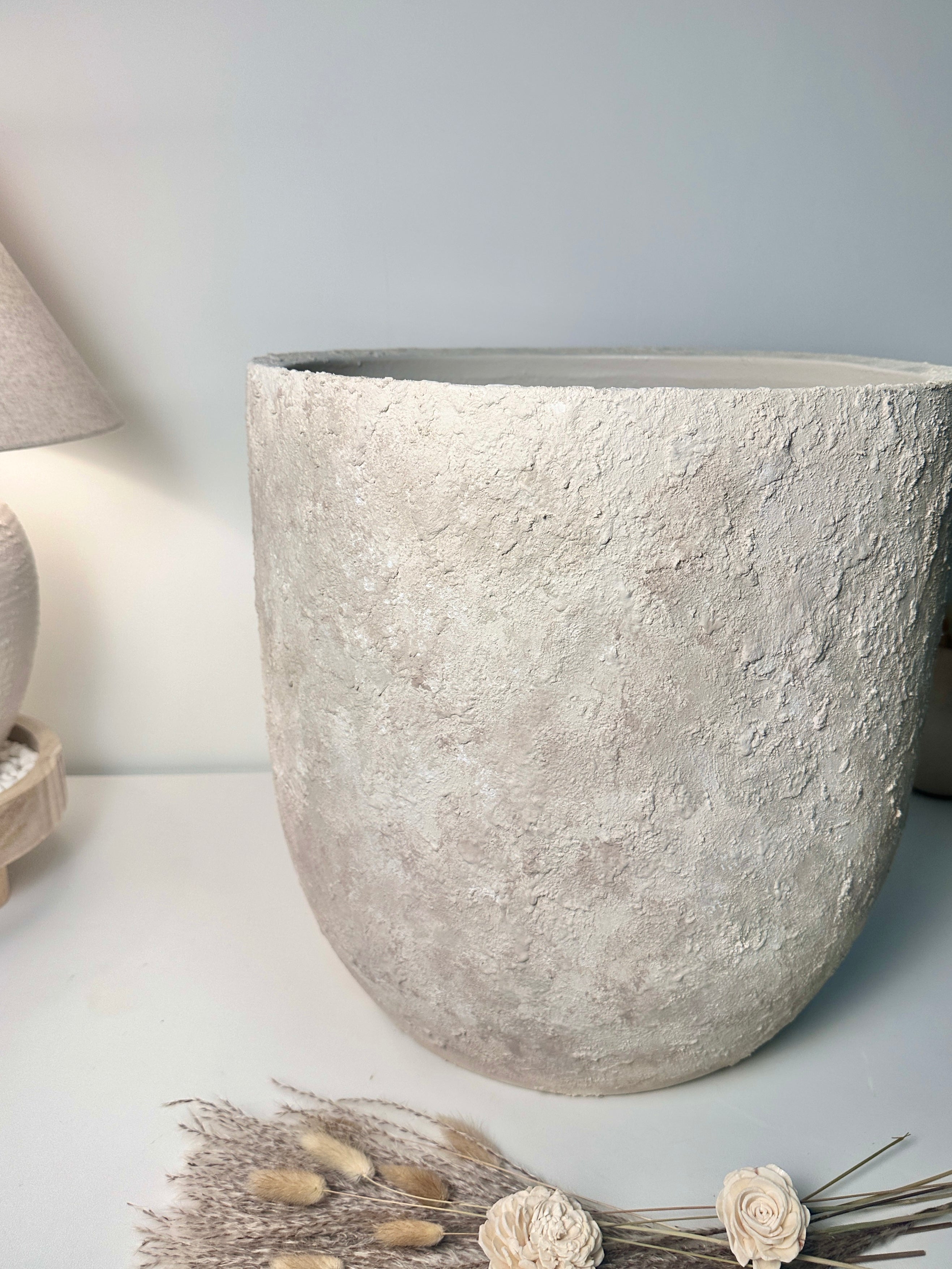 17" Tall Minimalist Hand-Painted & Textured Planter Pot with Drainage Hole one time creation - cream wash