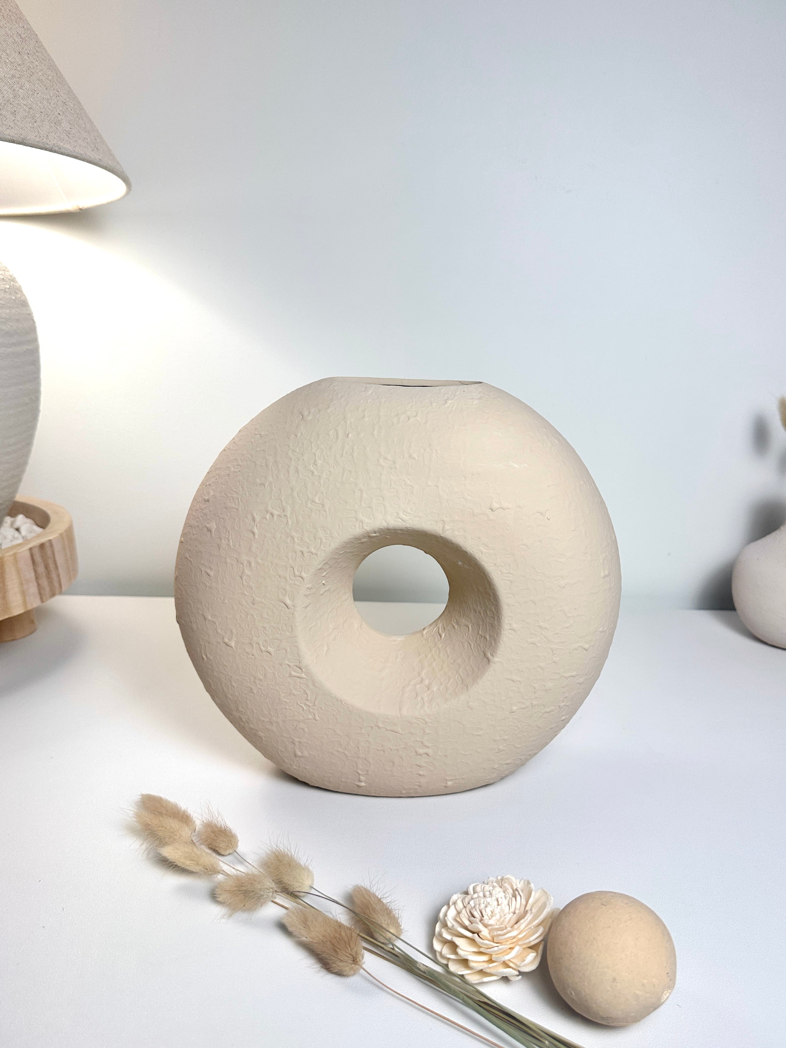 Modern Textured Donut Vase 10 inch tall - Beige