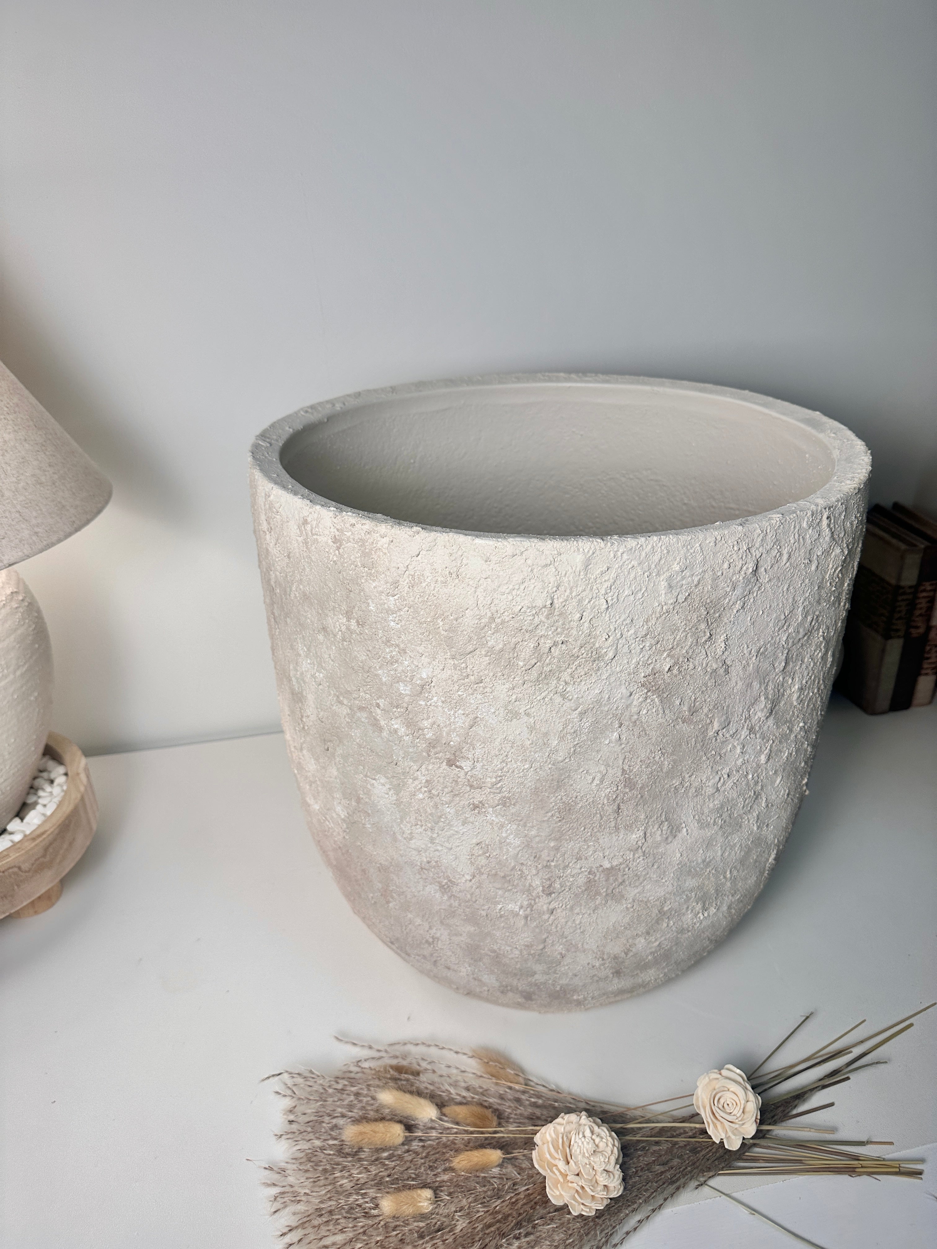 17" Tall Minimalist Hand-Painted & Textured Planter Pot with Drainage Hole one time creation - cream wash