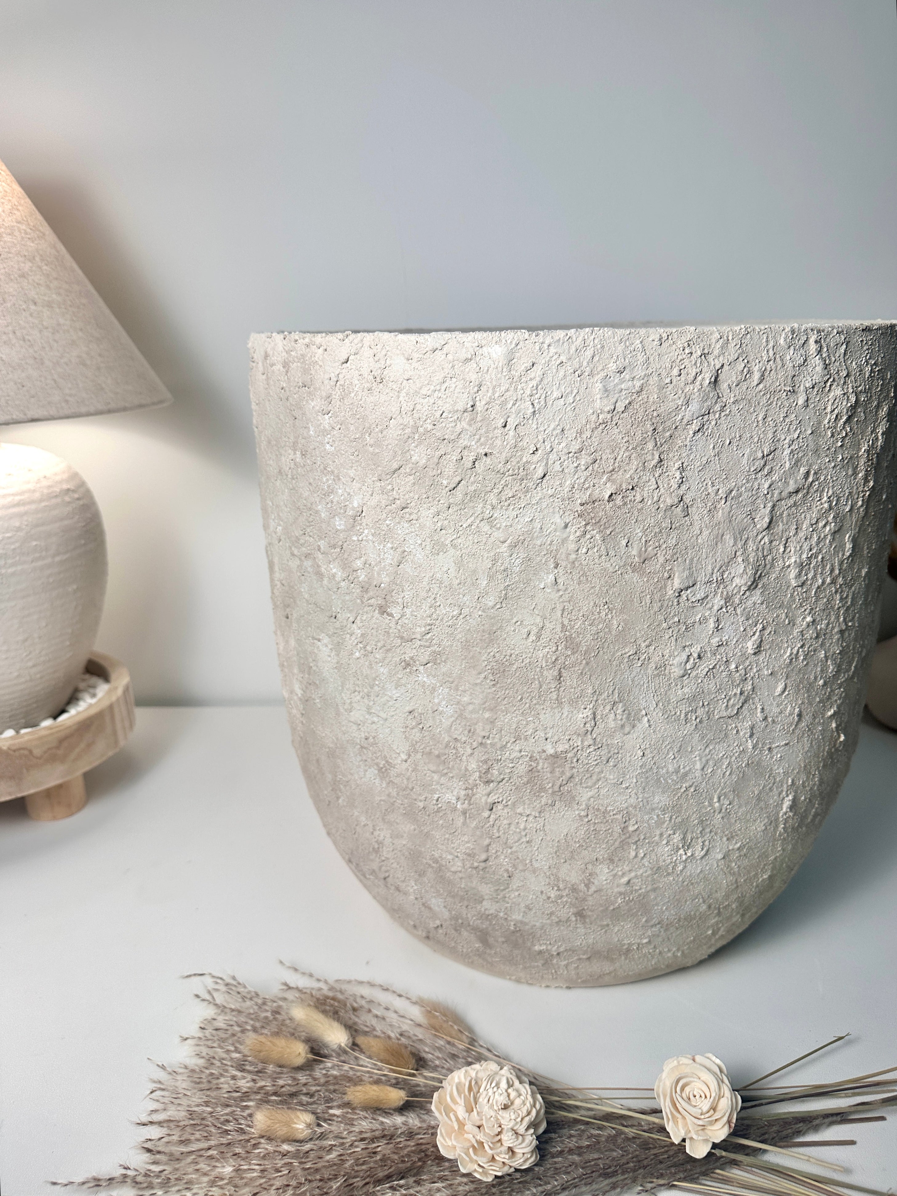 17" Tall Minimalist Hand-Painted & Textured Planter Pot with Drainage Hole one time creation - cream wash