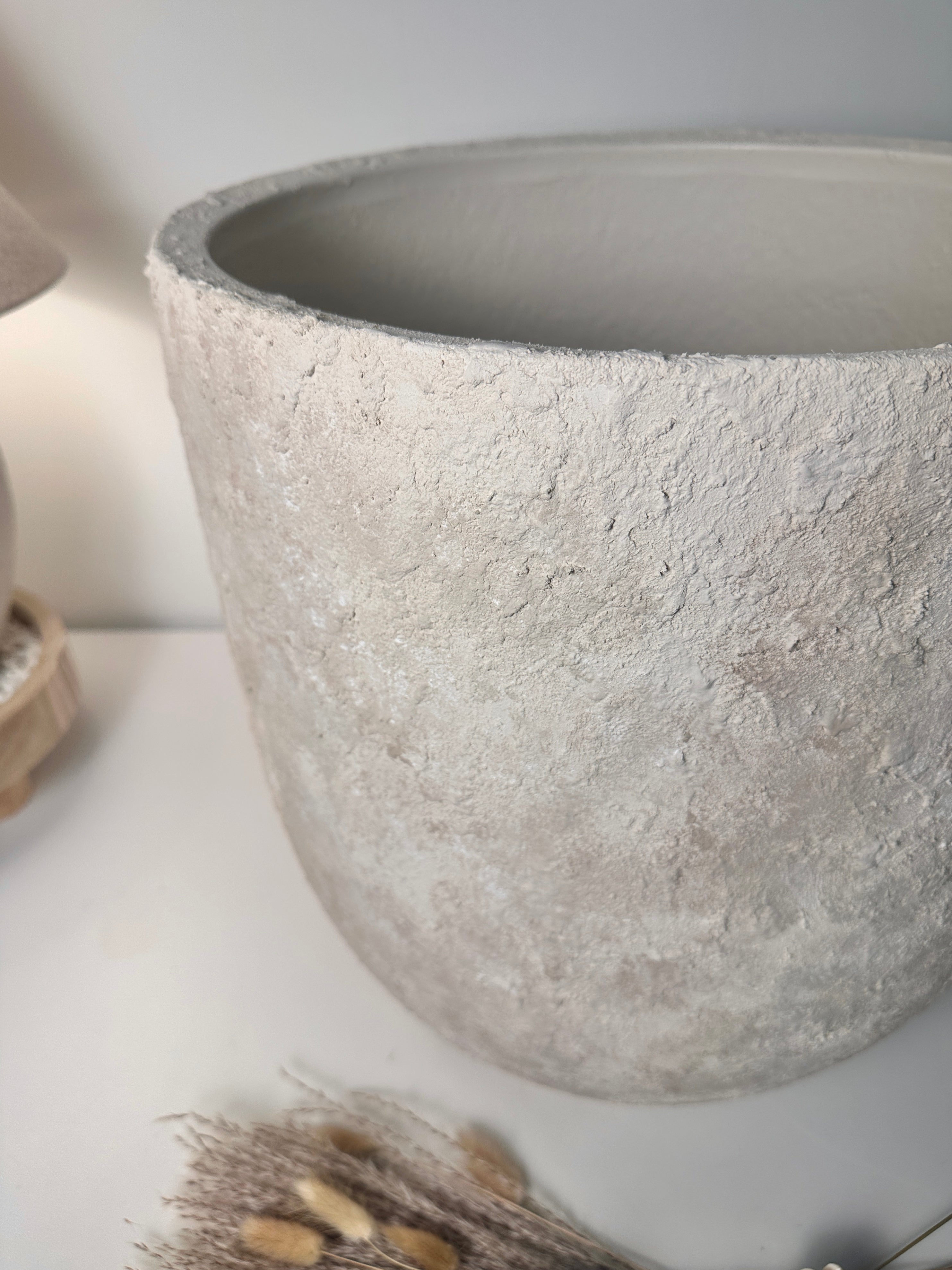 17" Tall Minimalist Hand-Painted & Textured Planter Pot with Drainage Hole one time creation - cream wash