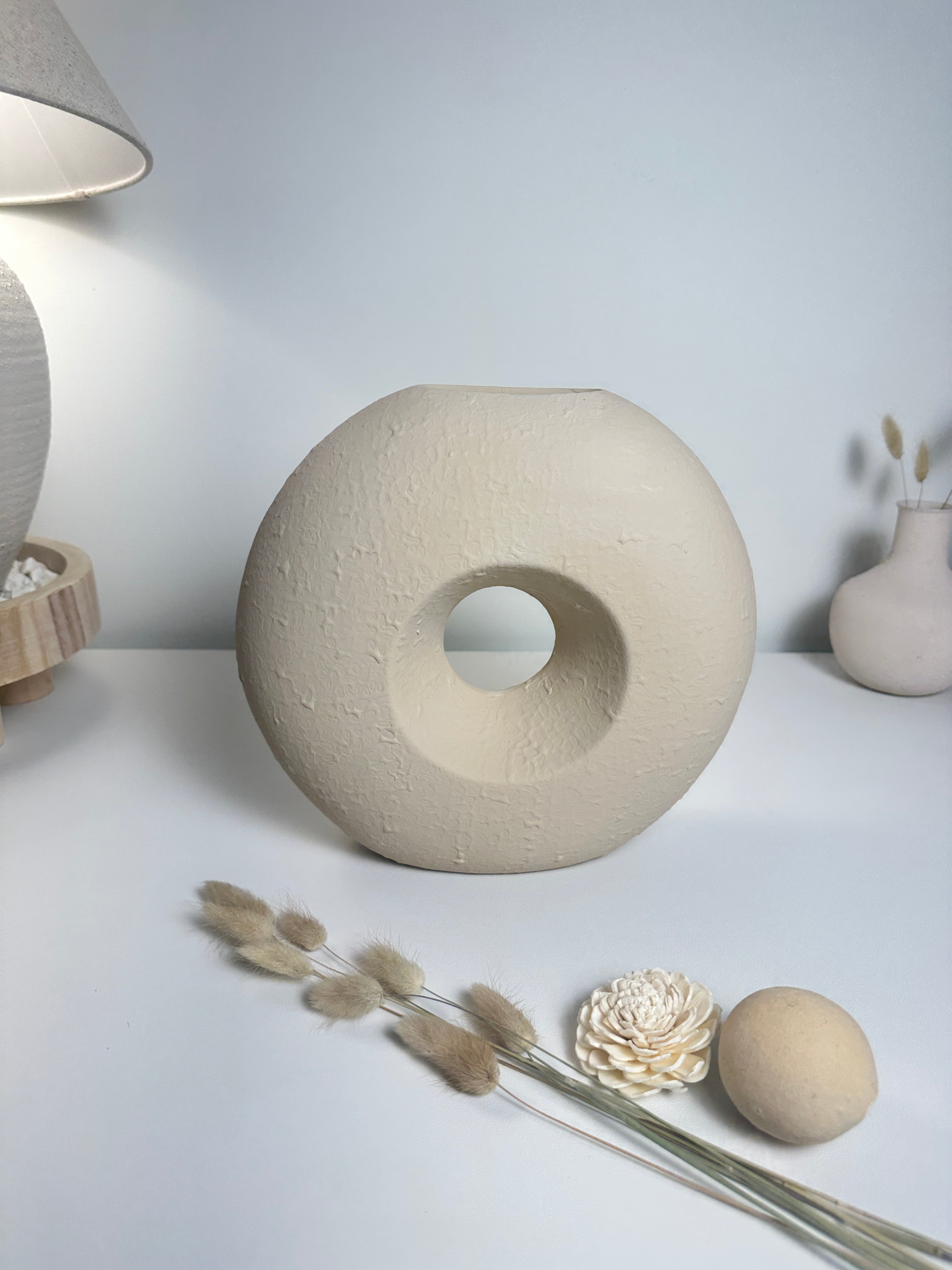 Modern Textured Donut Vase 10 inch tall - Beige