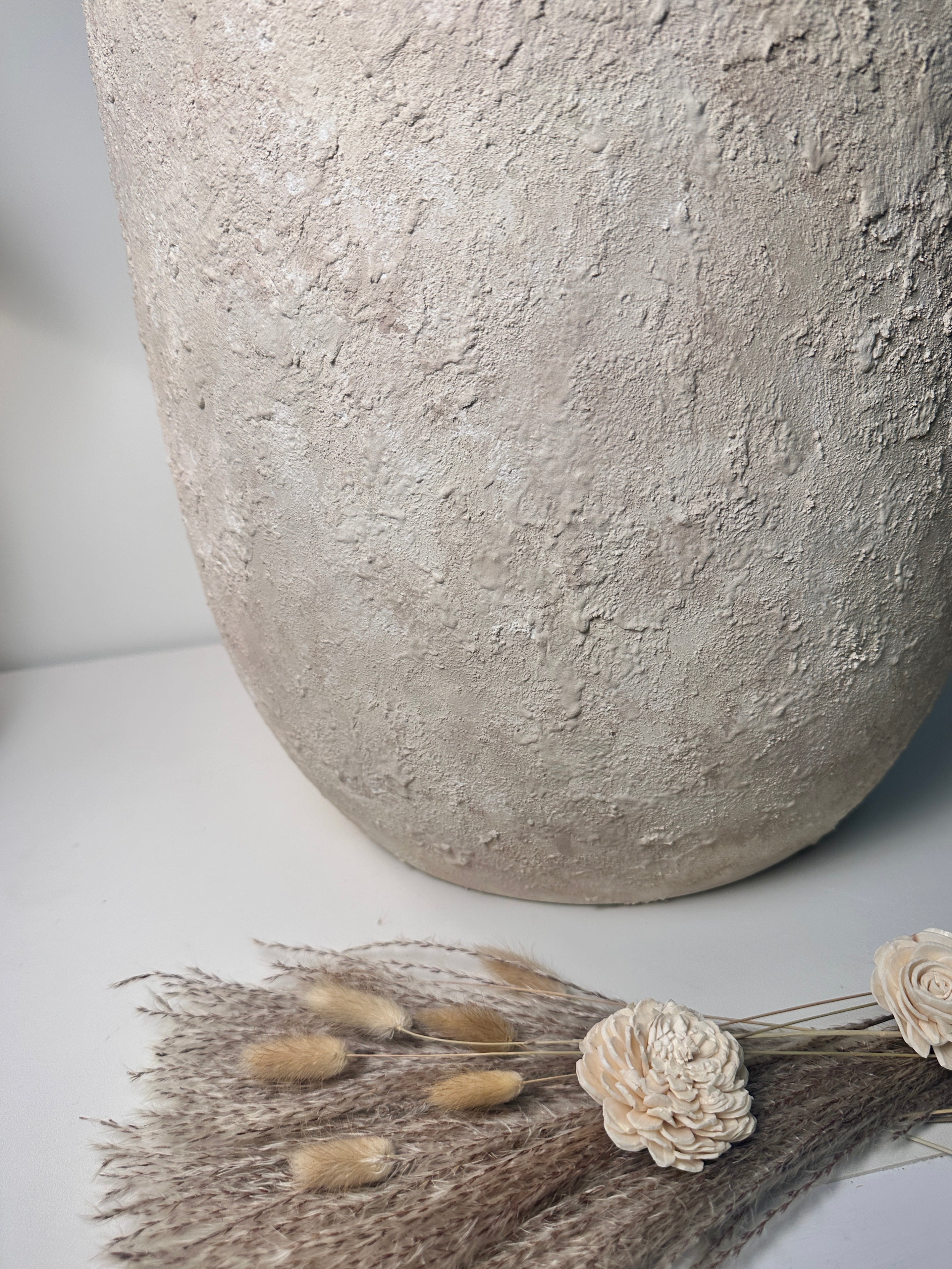 17" Tall Minimalist Hand-Painted & Textured Planter Pot with Drainage Hole one time creation - cream wash