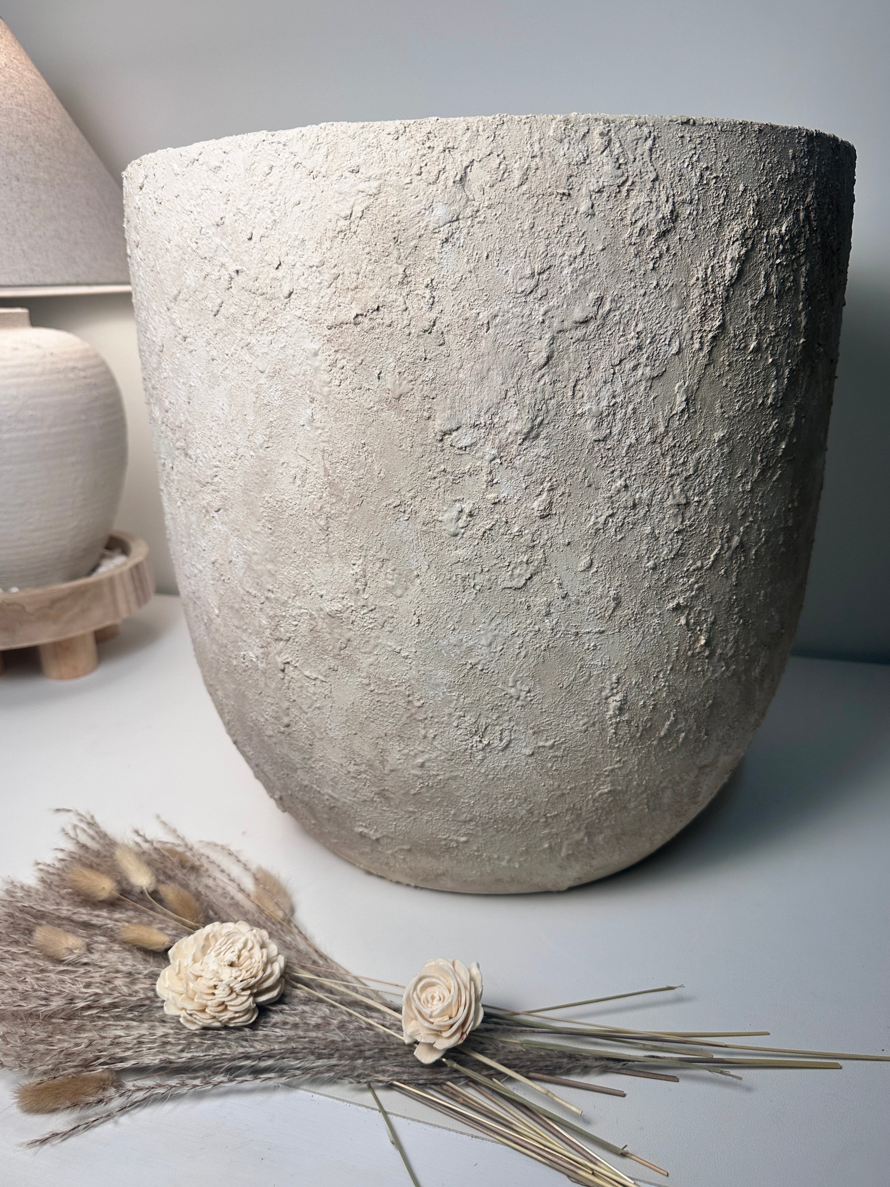 17" Tall Minimalist Hand-Painted & Textured Planter Pot with Drainage Hole one time creation - cream wash