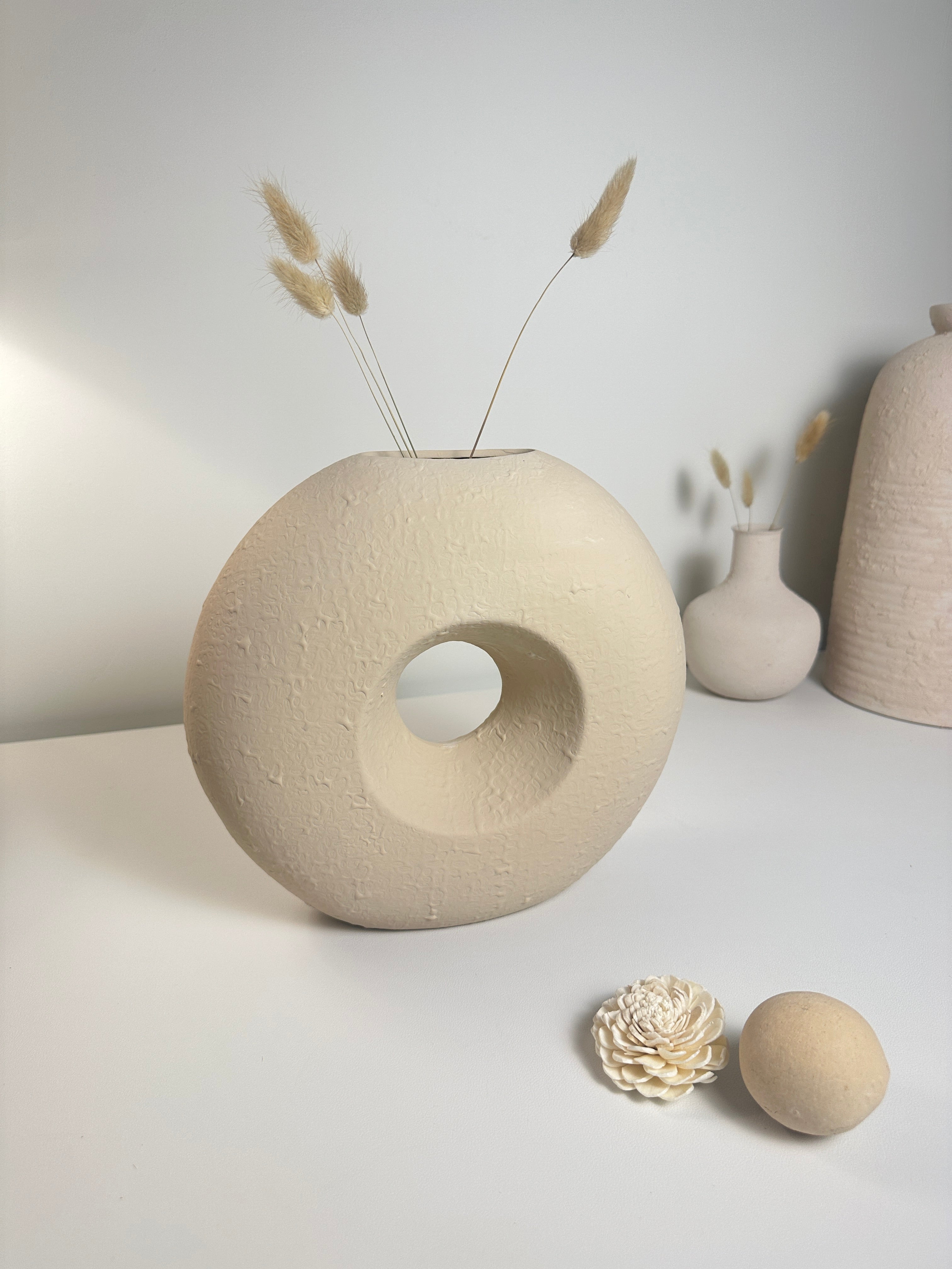 Modern Textured Donut Vase 10 inch tall - Beige