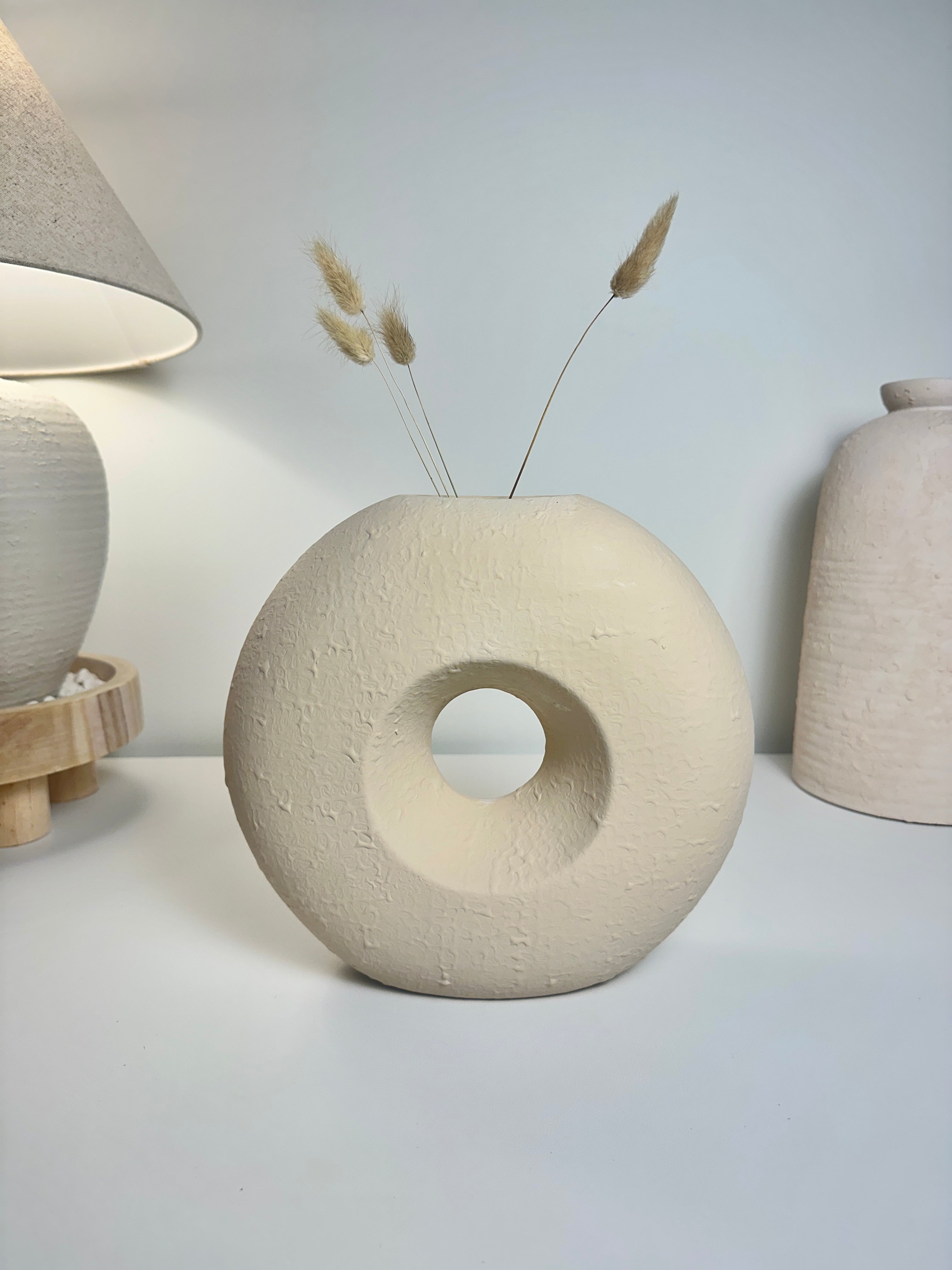 Modern Textured Donut Vase 10 inch tall - Beige