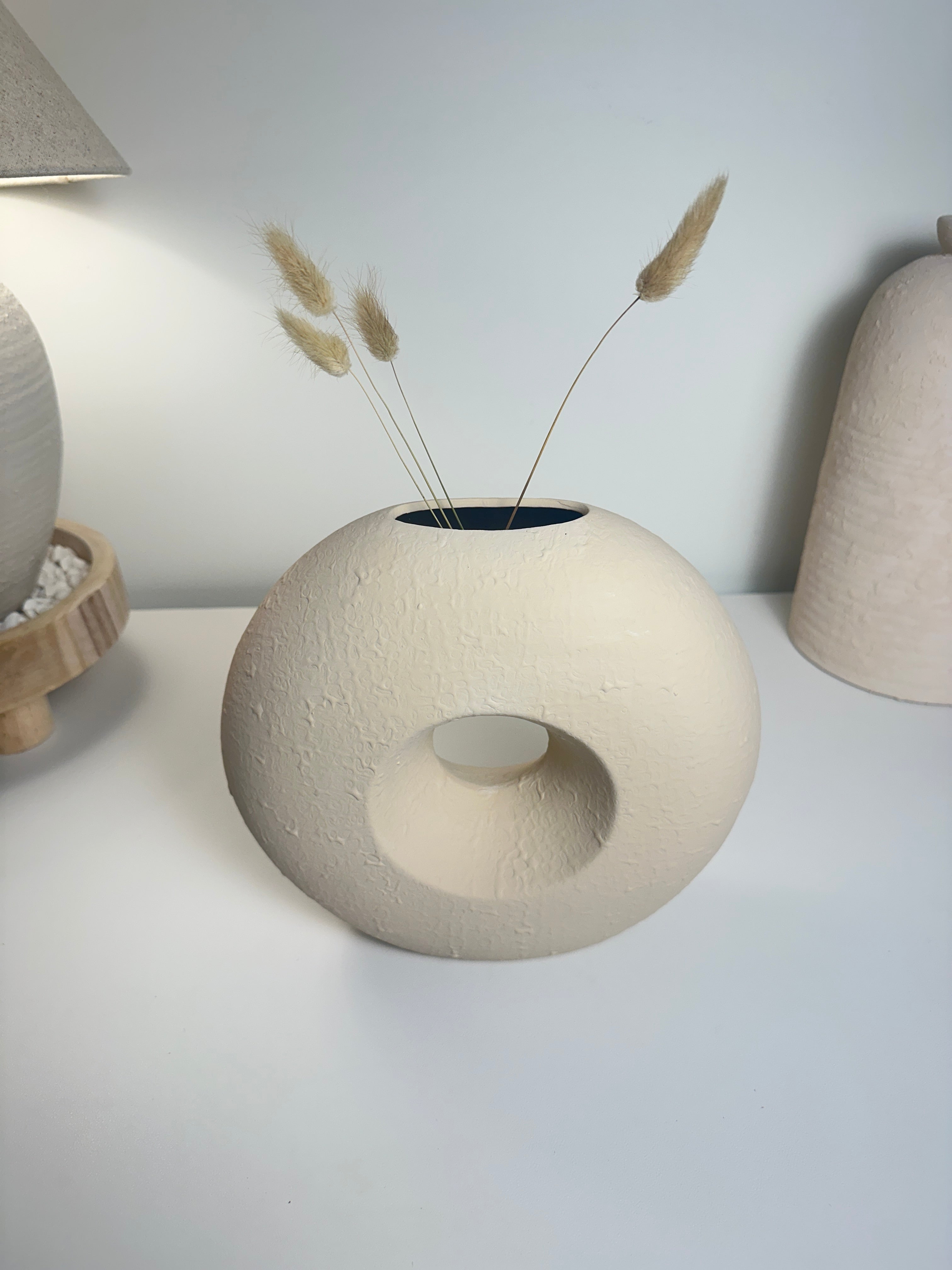 Modern Textured Donut Vase 10 inch tall - Beige