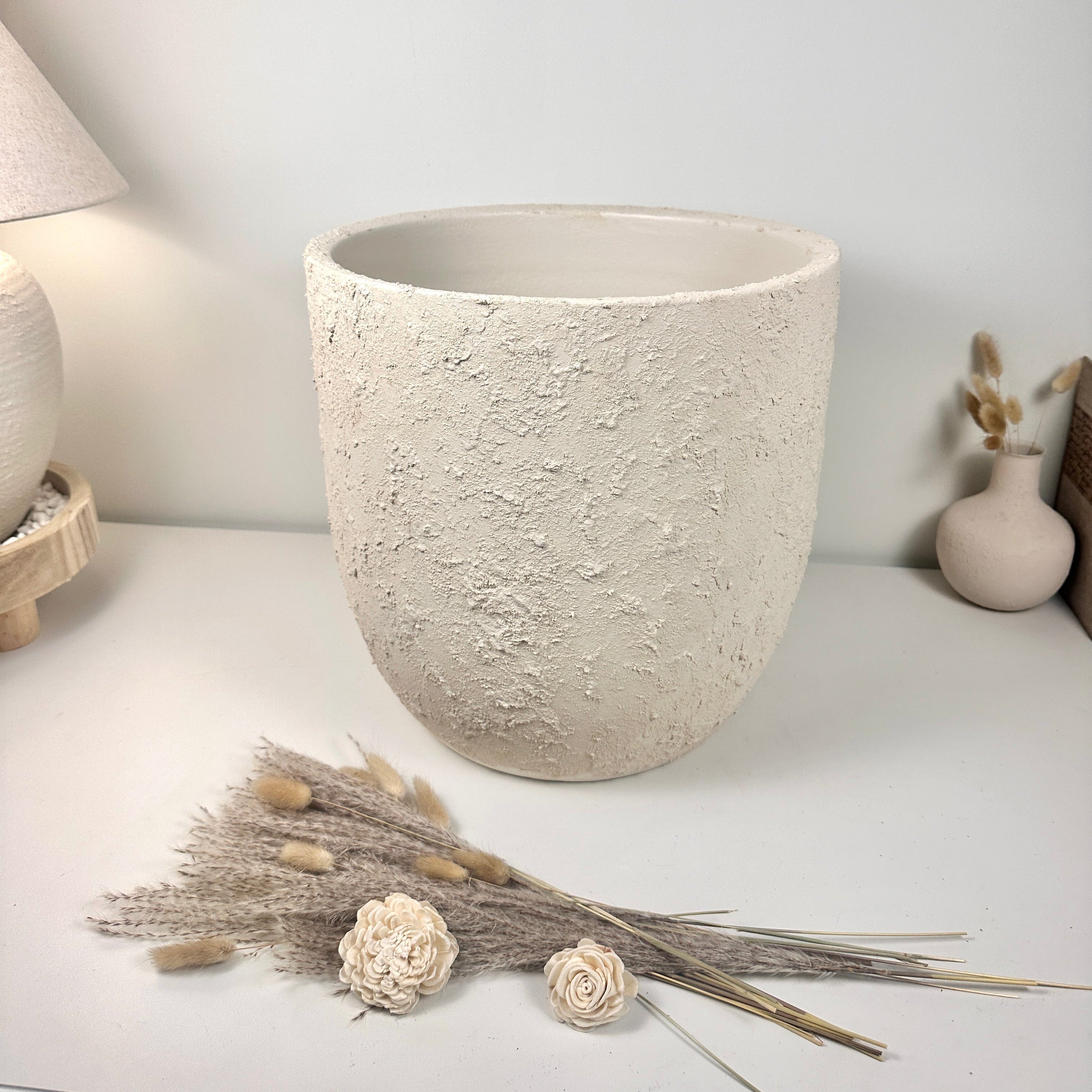 13.5" Minimalist Hand-Painted & Textured Planter Pot with Drainage Hole one time creation - Cream