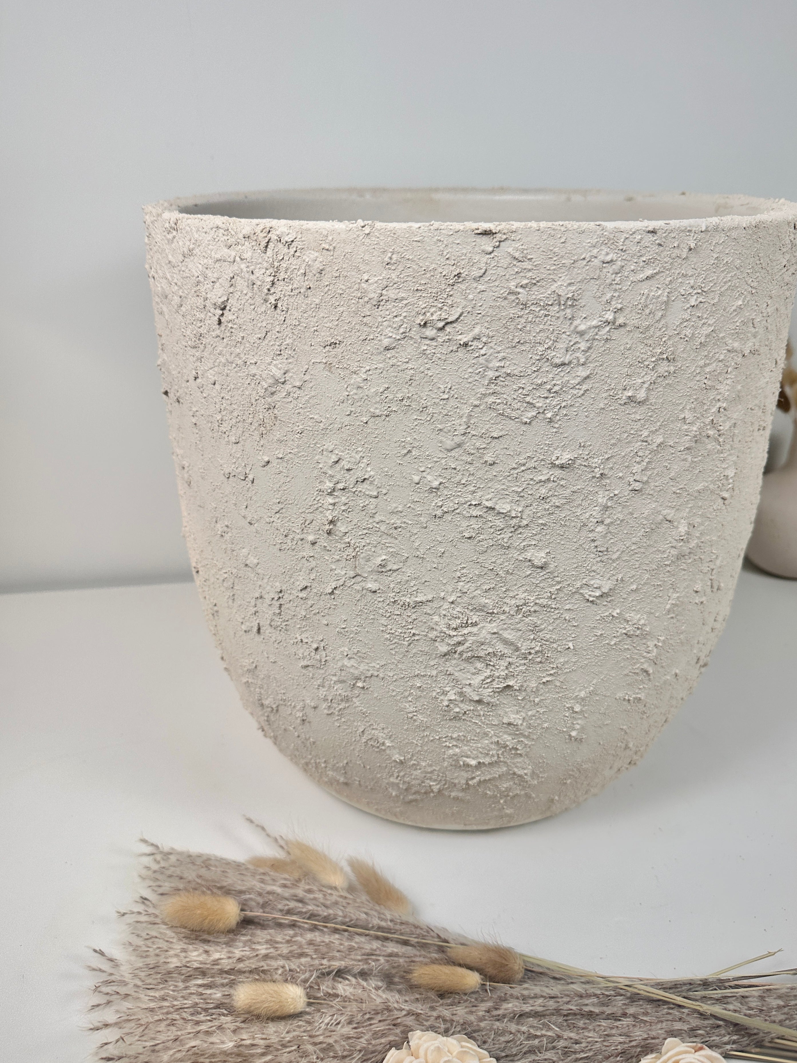 13.5" Minimalist Hand-Painted & Textured Planter Pot with Drainage Hole one time creation - Cream