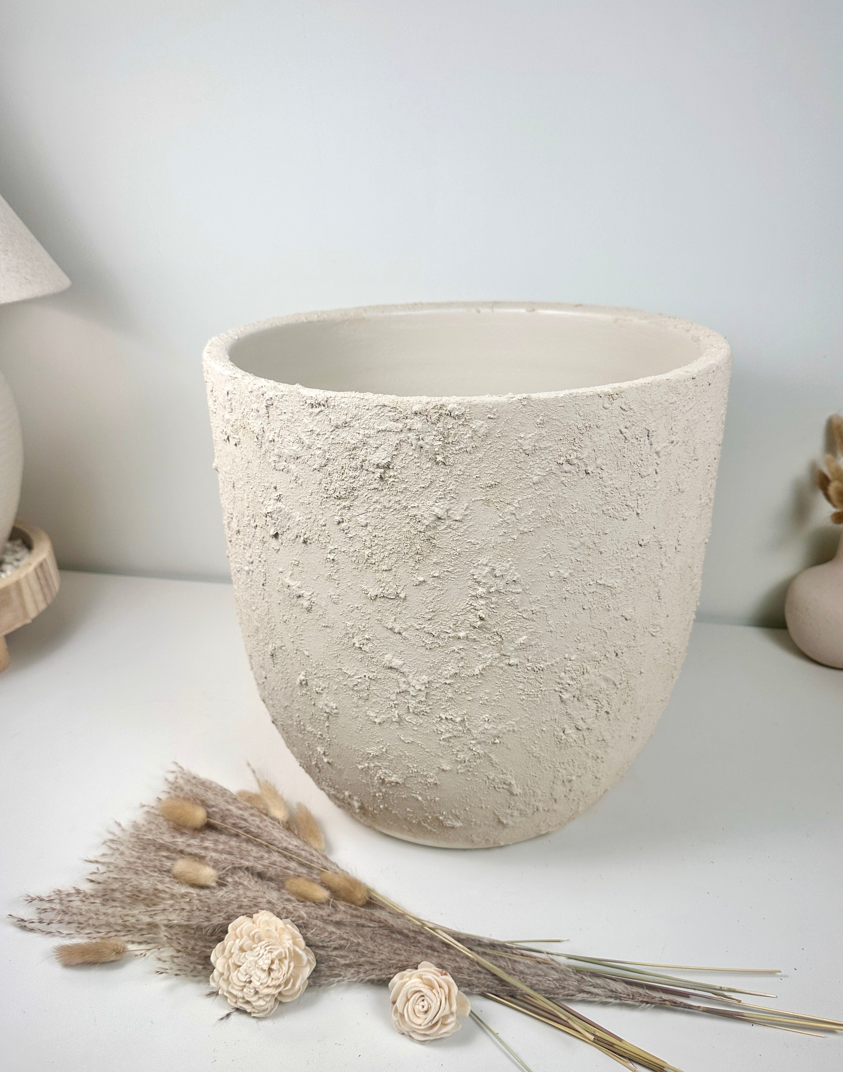 13.5" Minimalist Hand-Painted & Textured Planter Pot with Drainage Hole one time creation - Cream