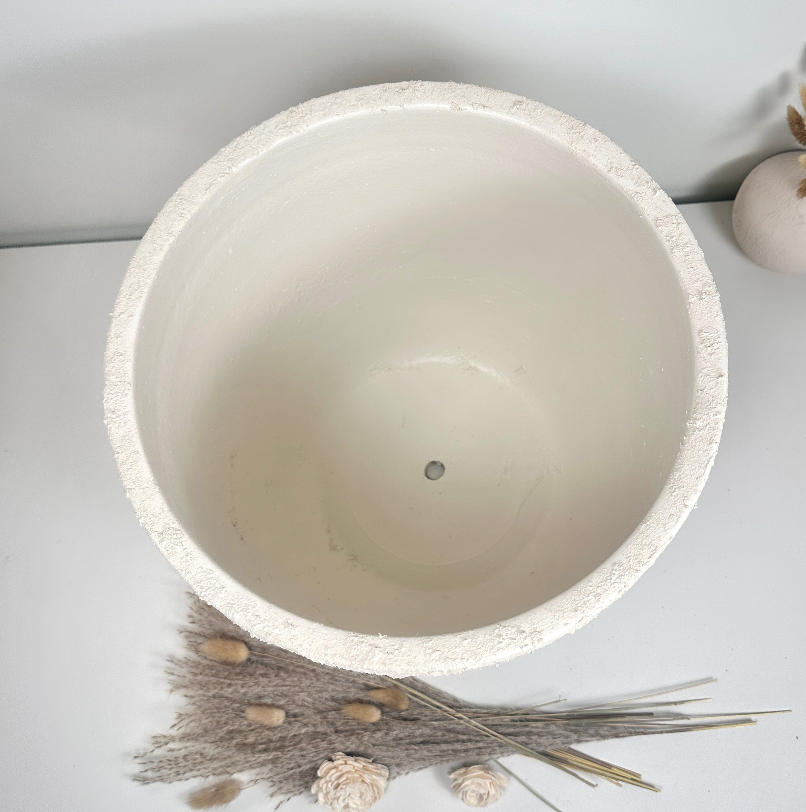 13.5" Minimalist Hand-Painted & Textured Planter Pot with Drainage Hole one time creation - Cream