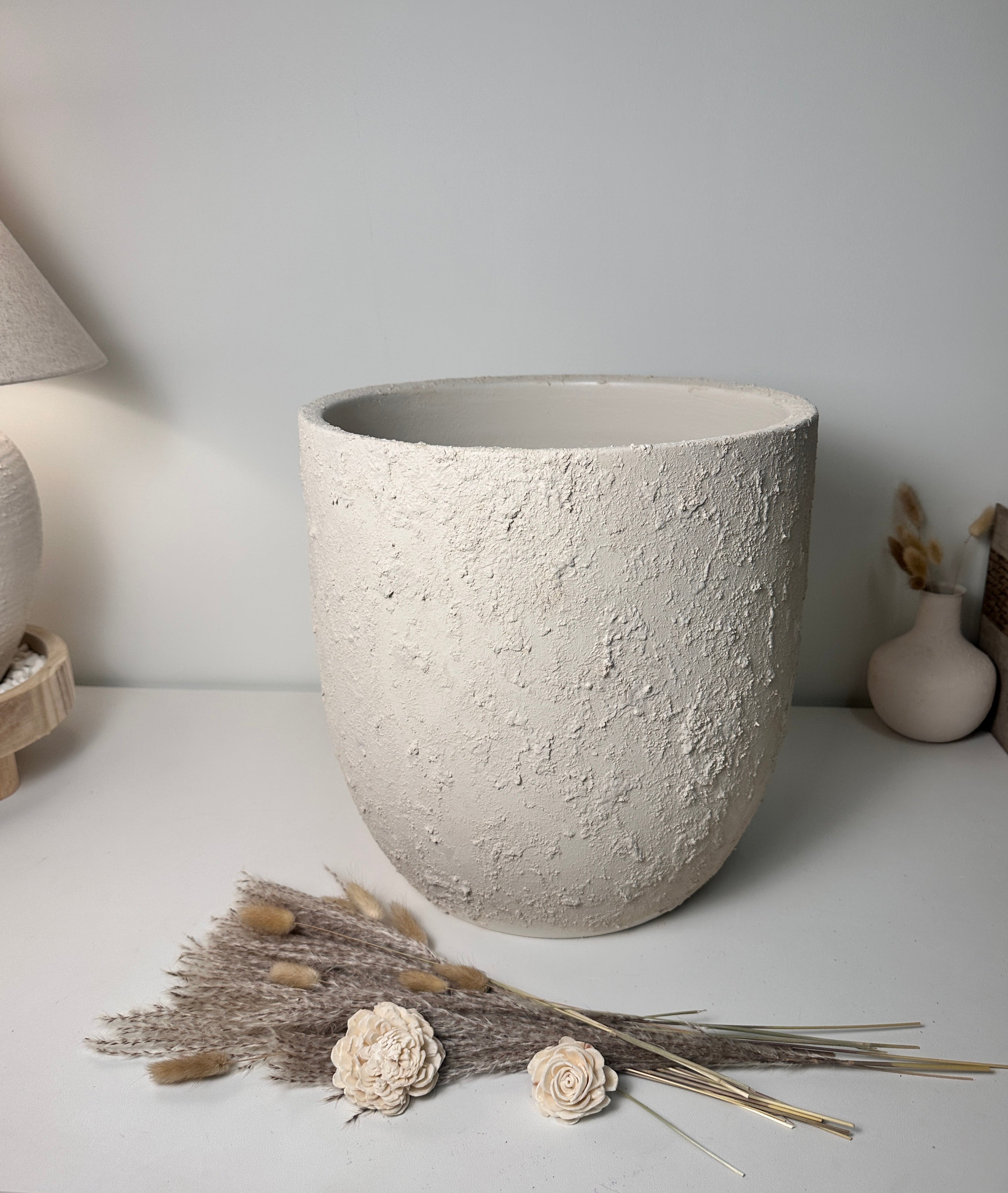 13.5" Minimalist Hand-Painted & Textured Planter Pot with Drainage Hole one time creation - Cream