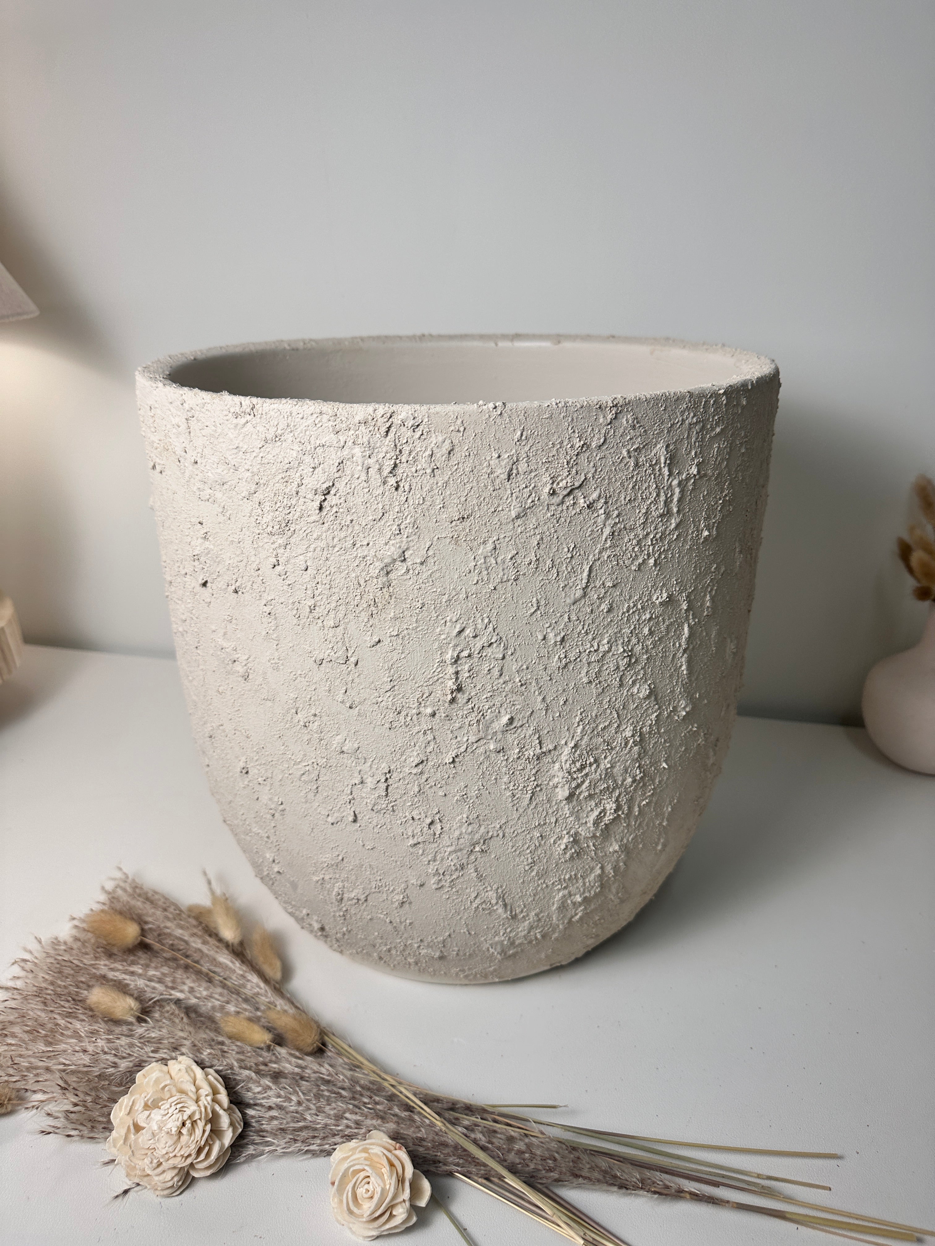 13.5" Minimalist Hand-Painted & Textured Planter Pot with Drainage Hole one time creation - Cream