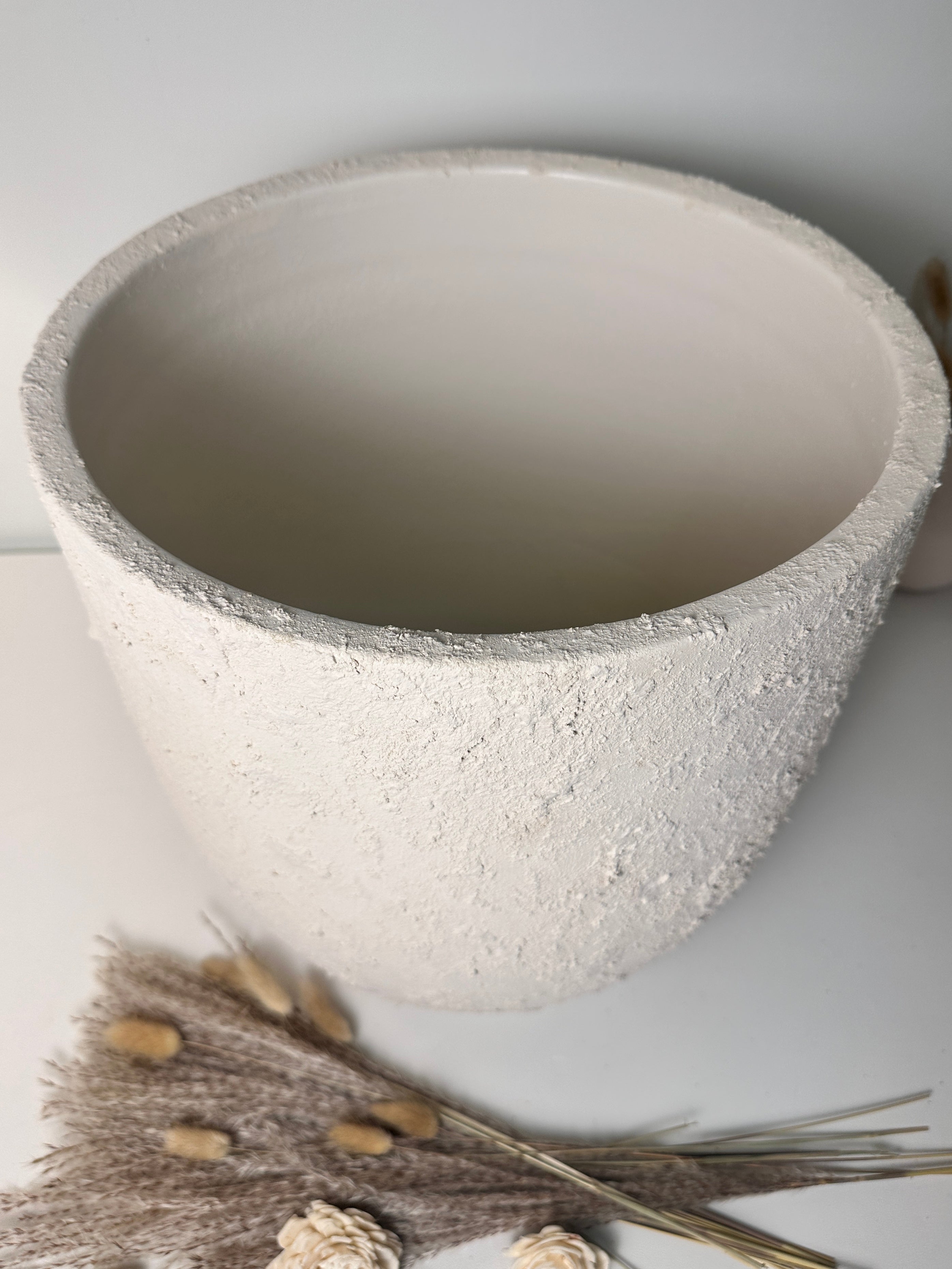 13.5" Minimalist Hand-Painted & Textured Planter Pot with Drainage Hole one time creation - Cream