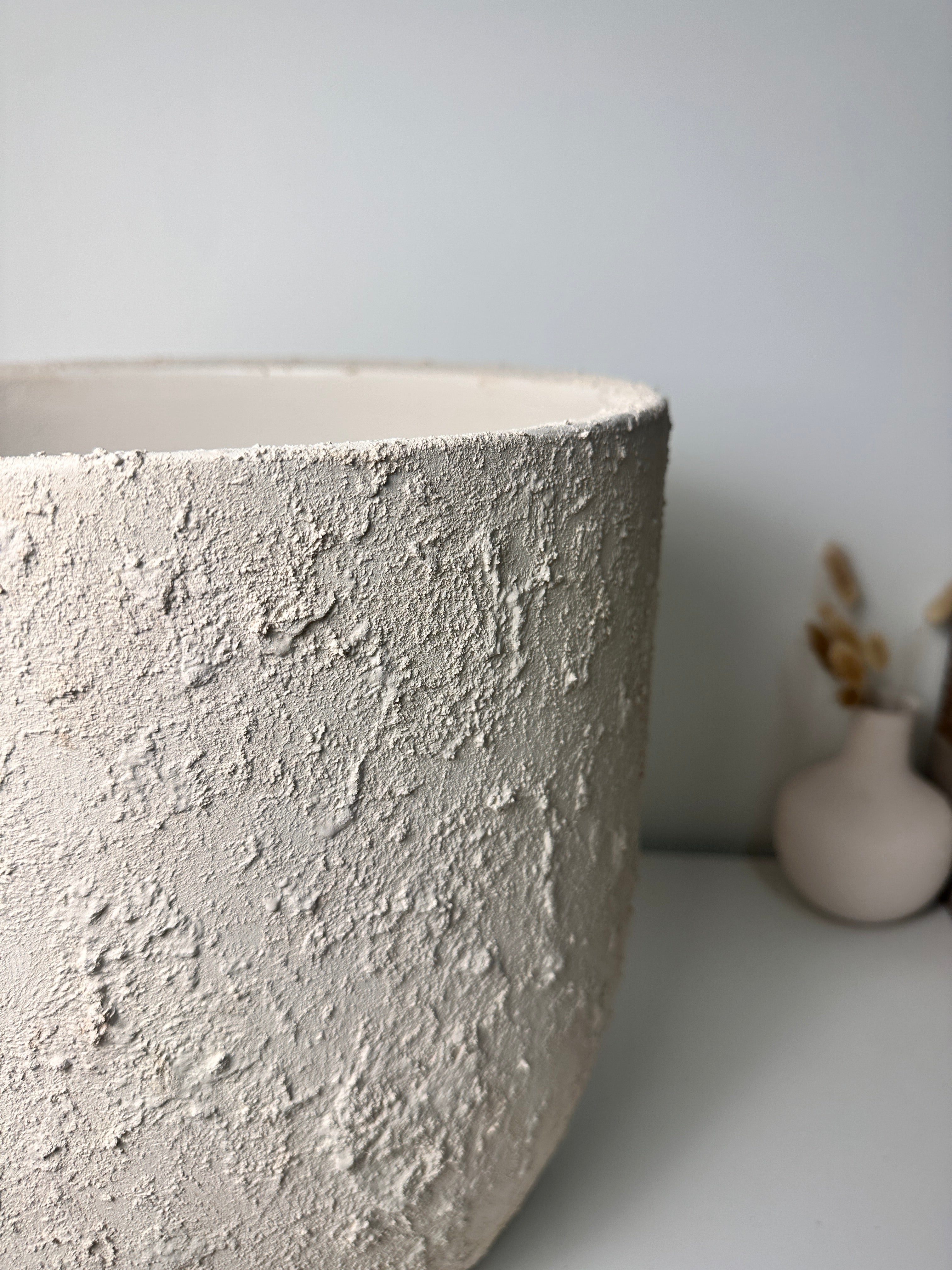 13.5" Minimalist Hand-Painted & Textured Planter Pot with Drainage Hole one time creation - Cream