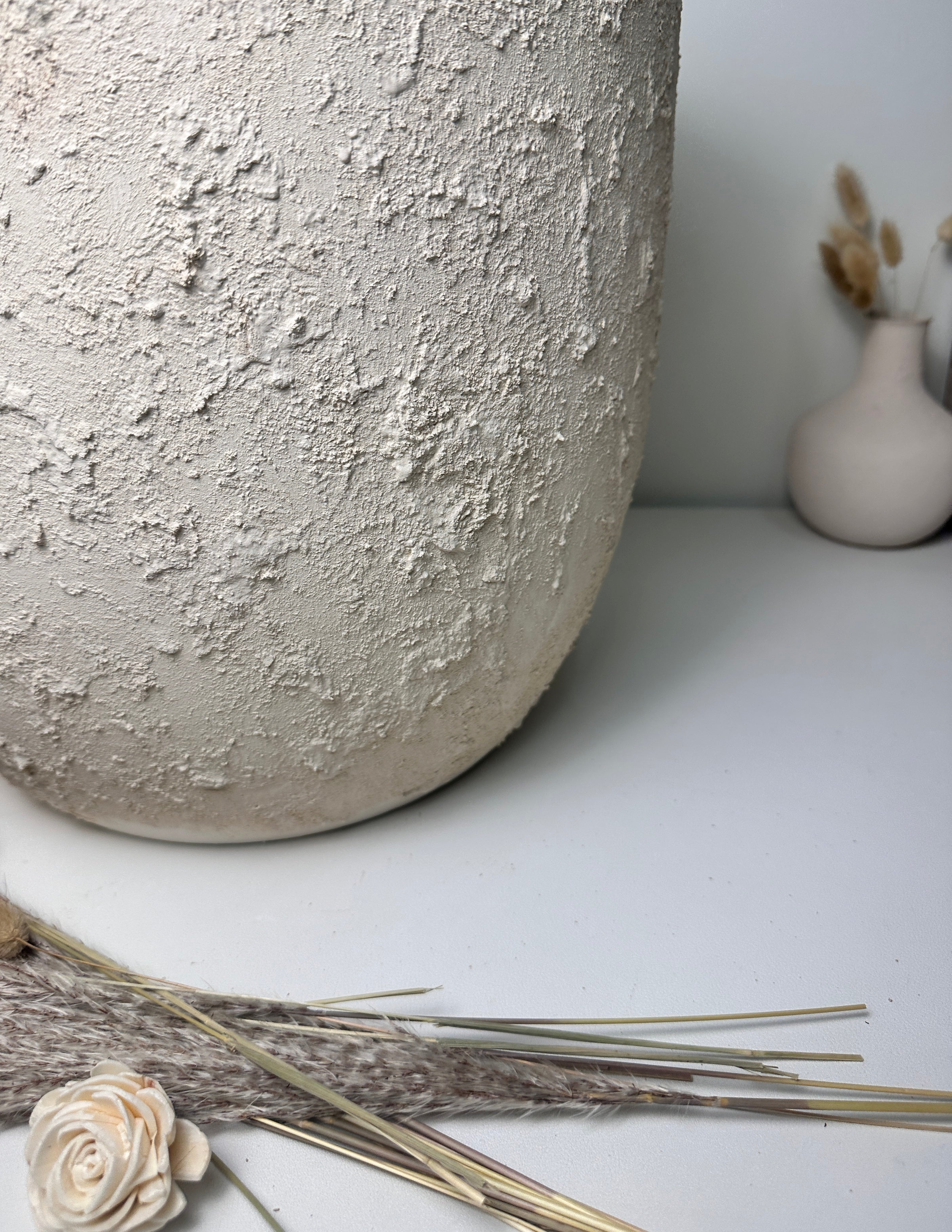 13.5" Minimalist Hand-Painted & Textured Planter Pot with Drainage Hole one time creation - Cream