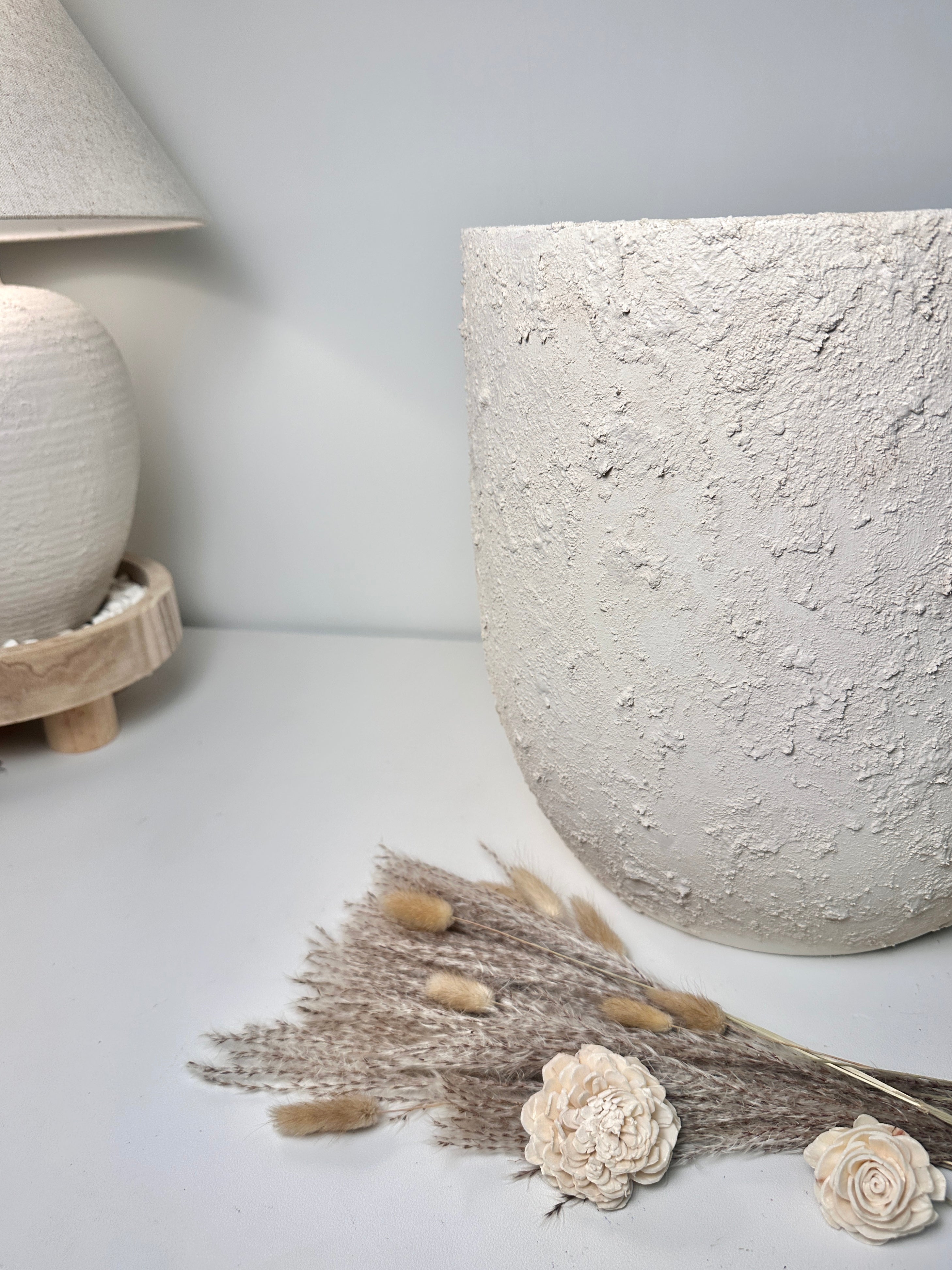 13.5" Minimalist Hand-Painted & Textured Planter Pot with Drainage Hole one time creation - Cream