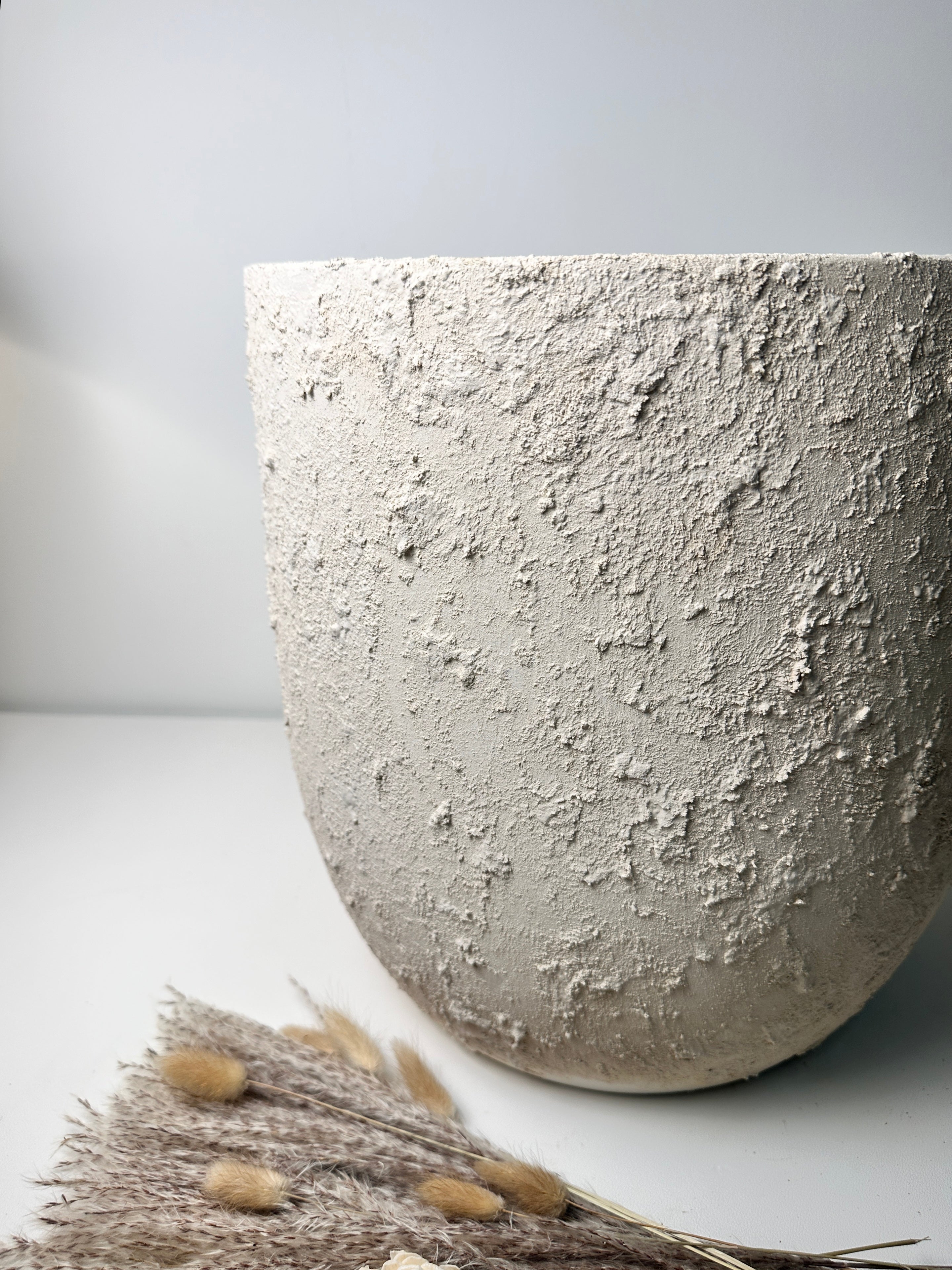 13.5" Minimalist Hand-Painted & Textured Planter Pot with Drainage Hole one time creation - Cream