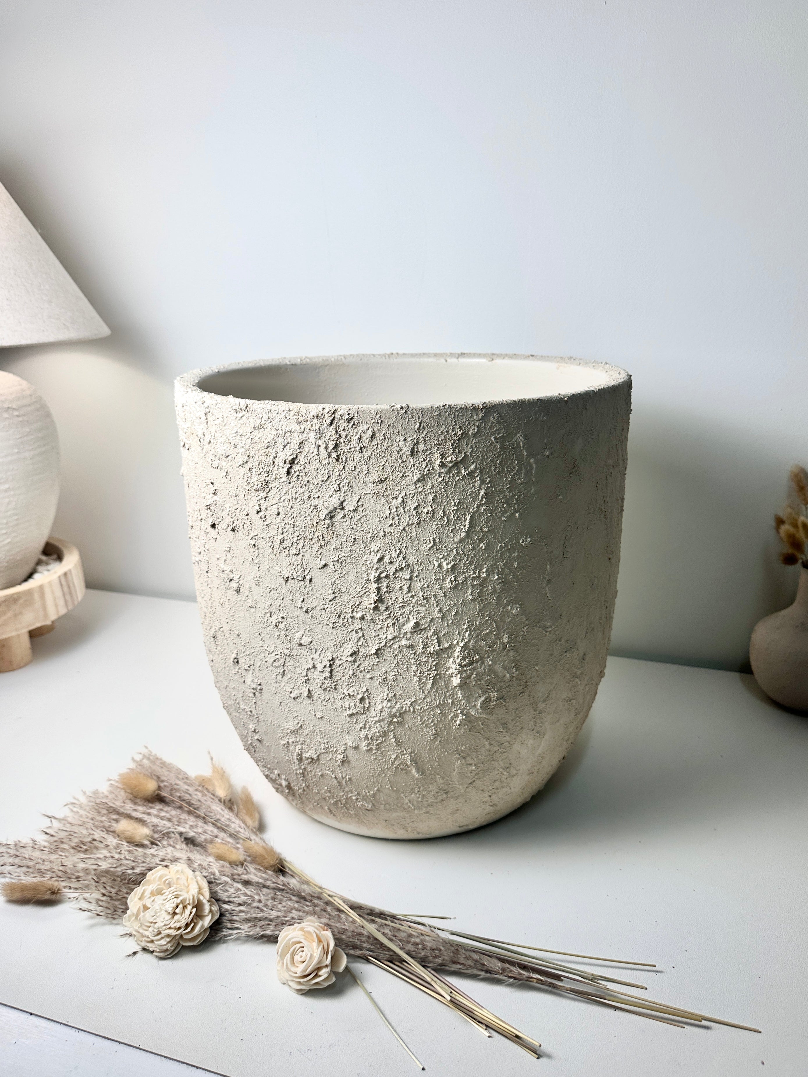 13.5" Minimalist Hand-Painted & Textured Planter Pot with Drainage Hole one time creation - Cream