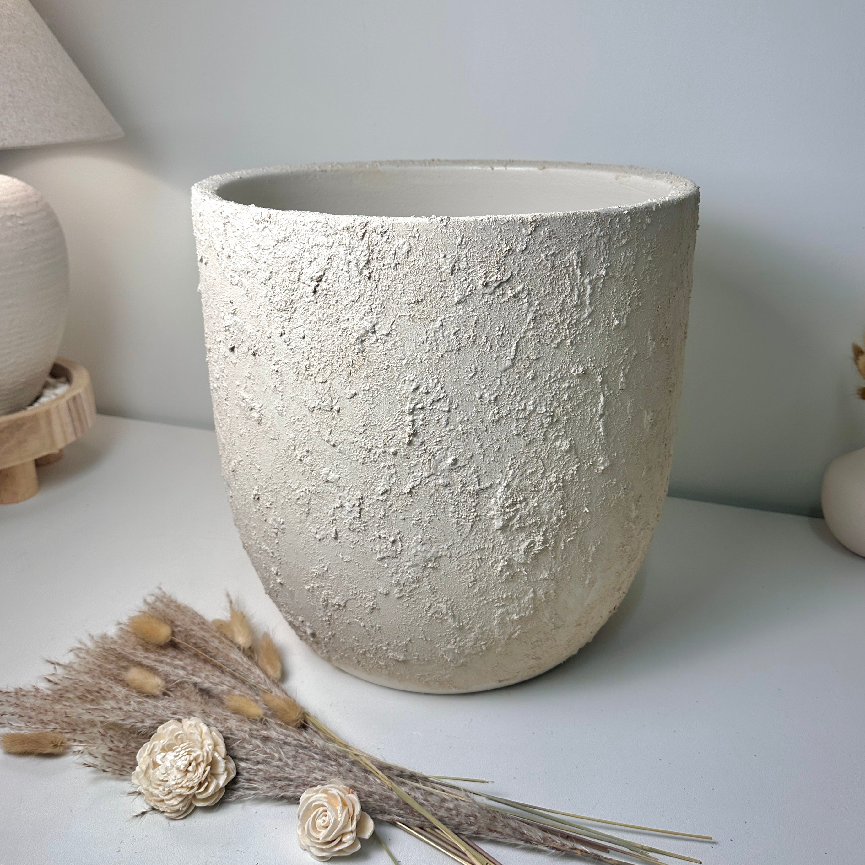 13.5" Minimalist Hand-Painted & Textured Planter Pot with Drainage Hole one time creation - Cream