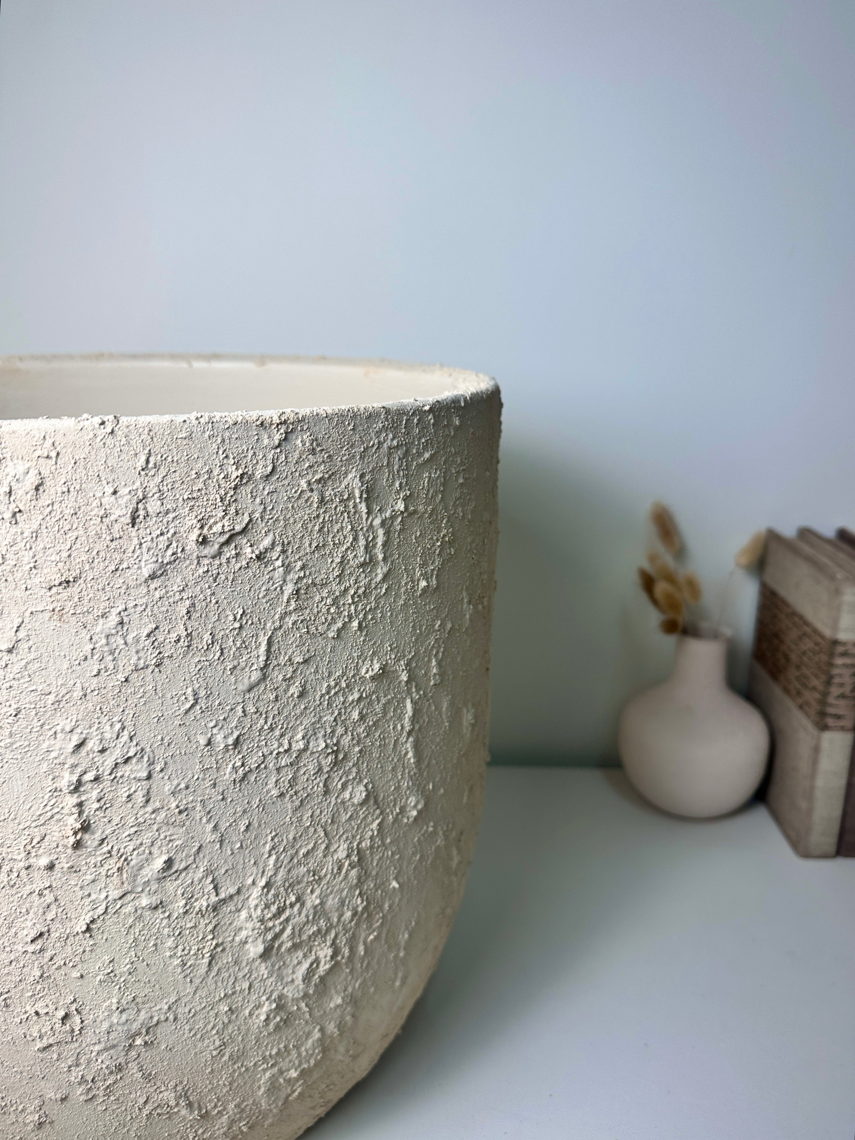 13.5" Minimalist Hand-Painted & Textured Planter Pot with Drainage Hole one time creation - Cream