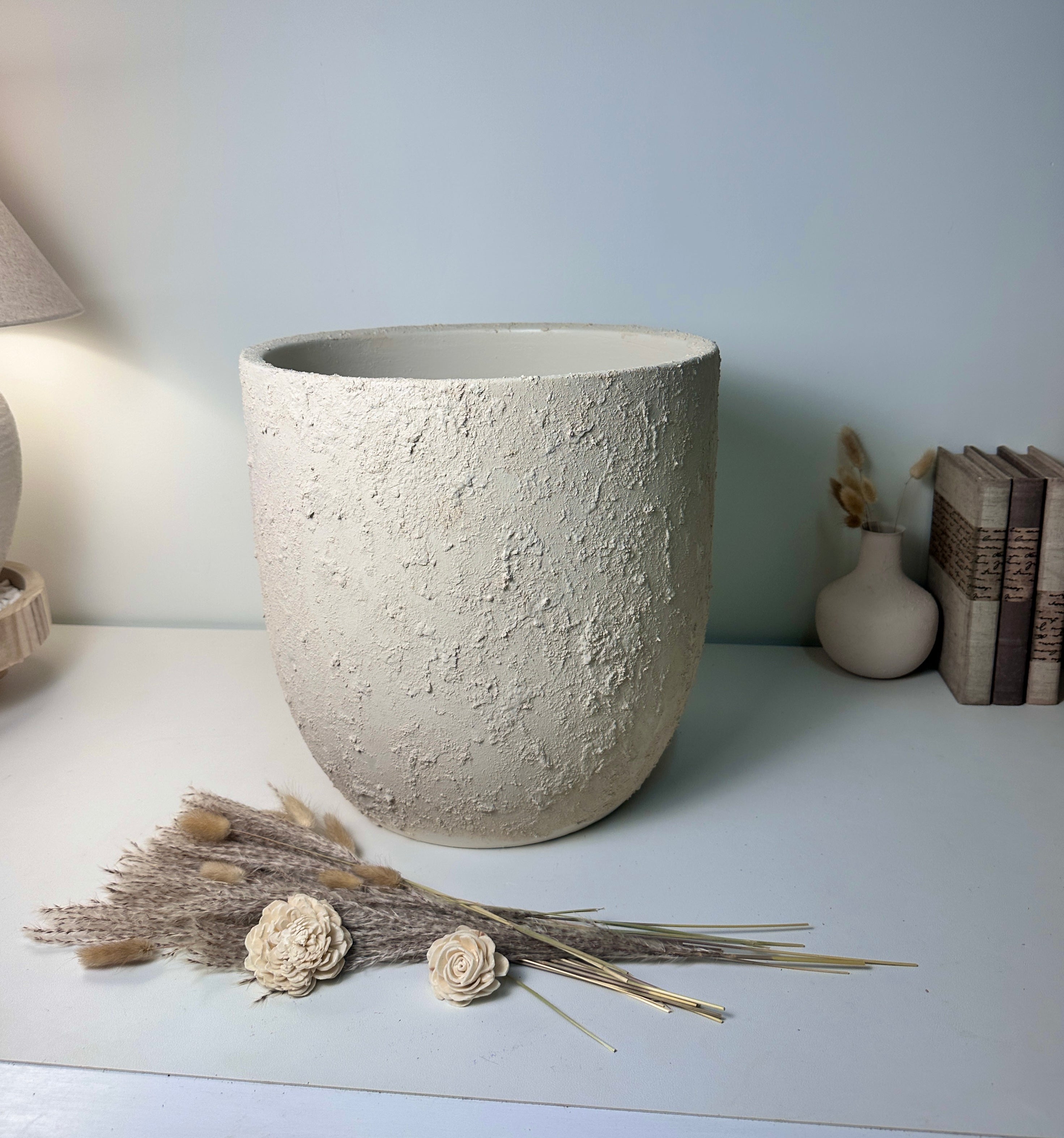 13.5" Minimalist Hand-Painted & Textured Planter Pot with Drainage Hole one time creation - Cream