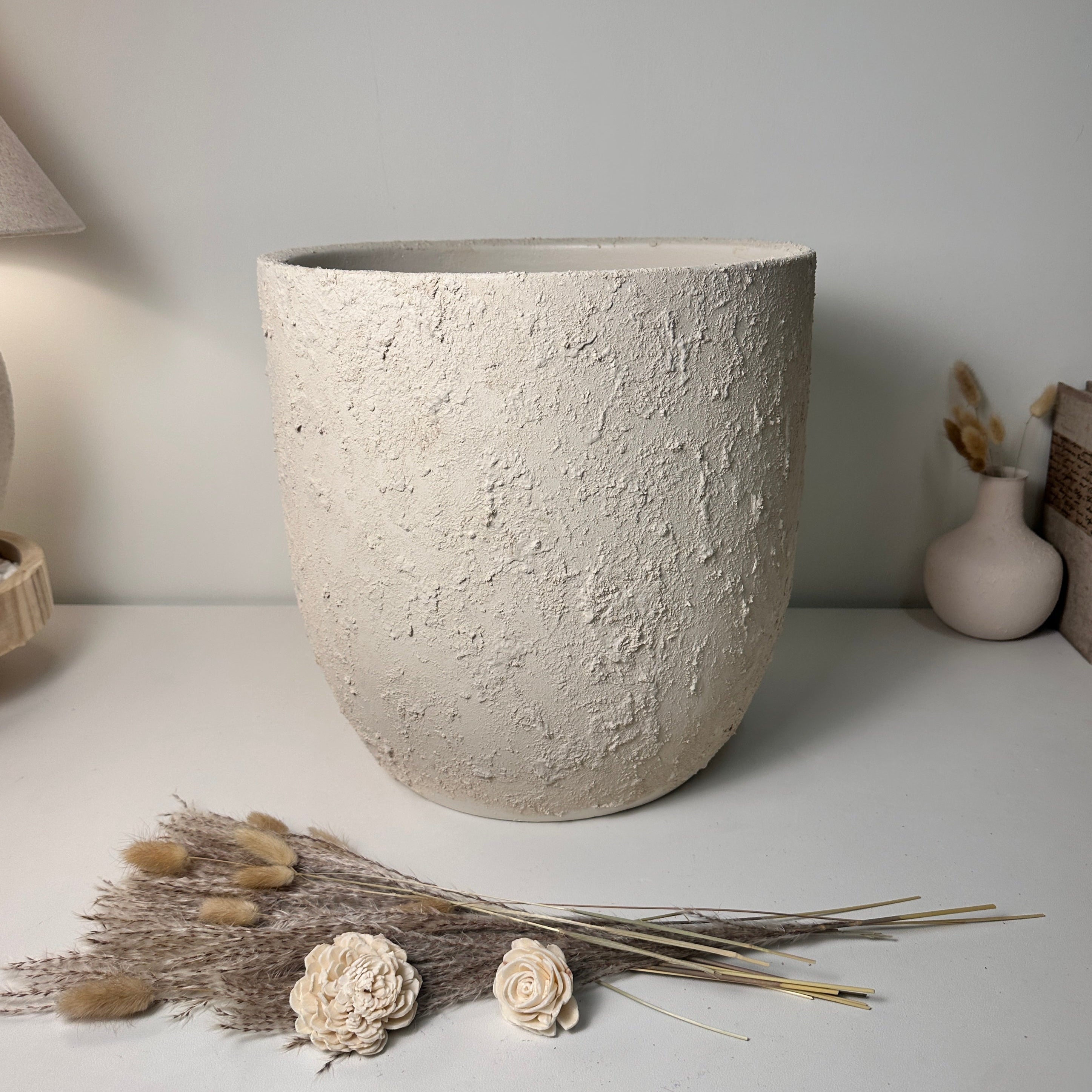 13.5" Minimalist Hand-Painted & Textured Planter Pot with Drainage Hole one time creation - Cream