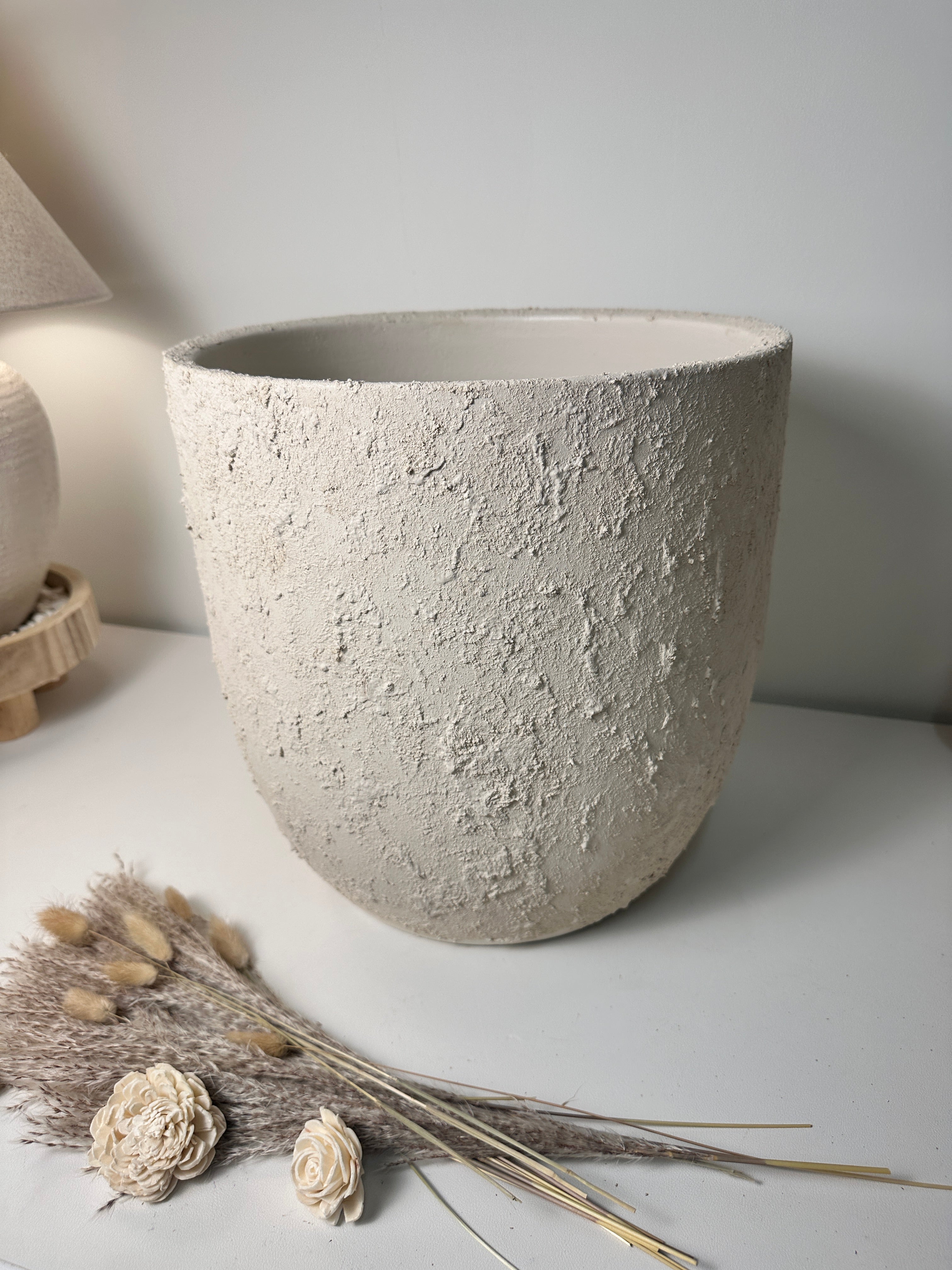 13.5" Minimalist Hand-Painted & Textured Planter Pot with Drainage Hole one time creation - Cream