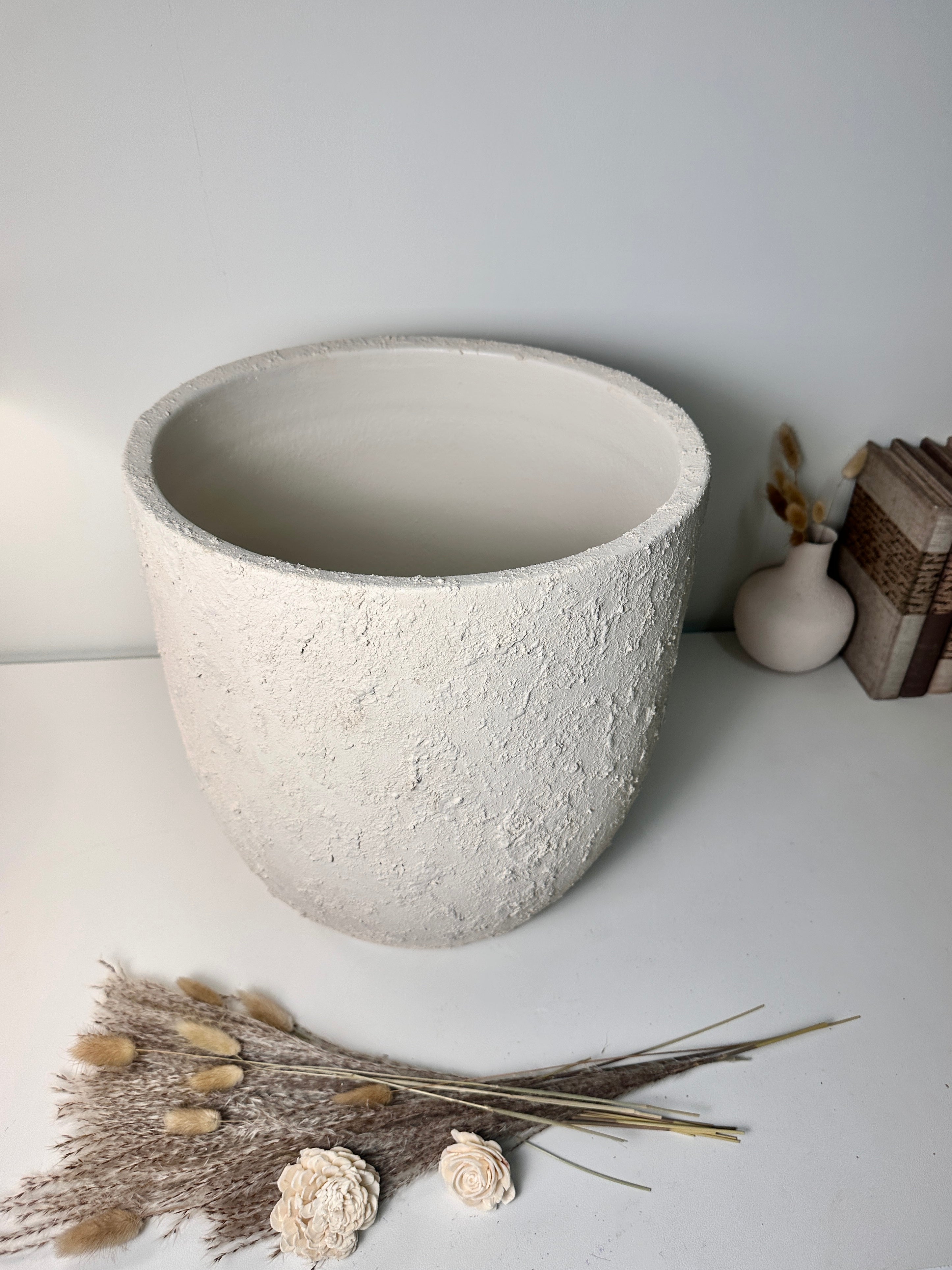 13.5" Minimalist Hand-Painted & Textured Planter Pot with Drainage Hole one time creation - Cream