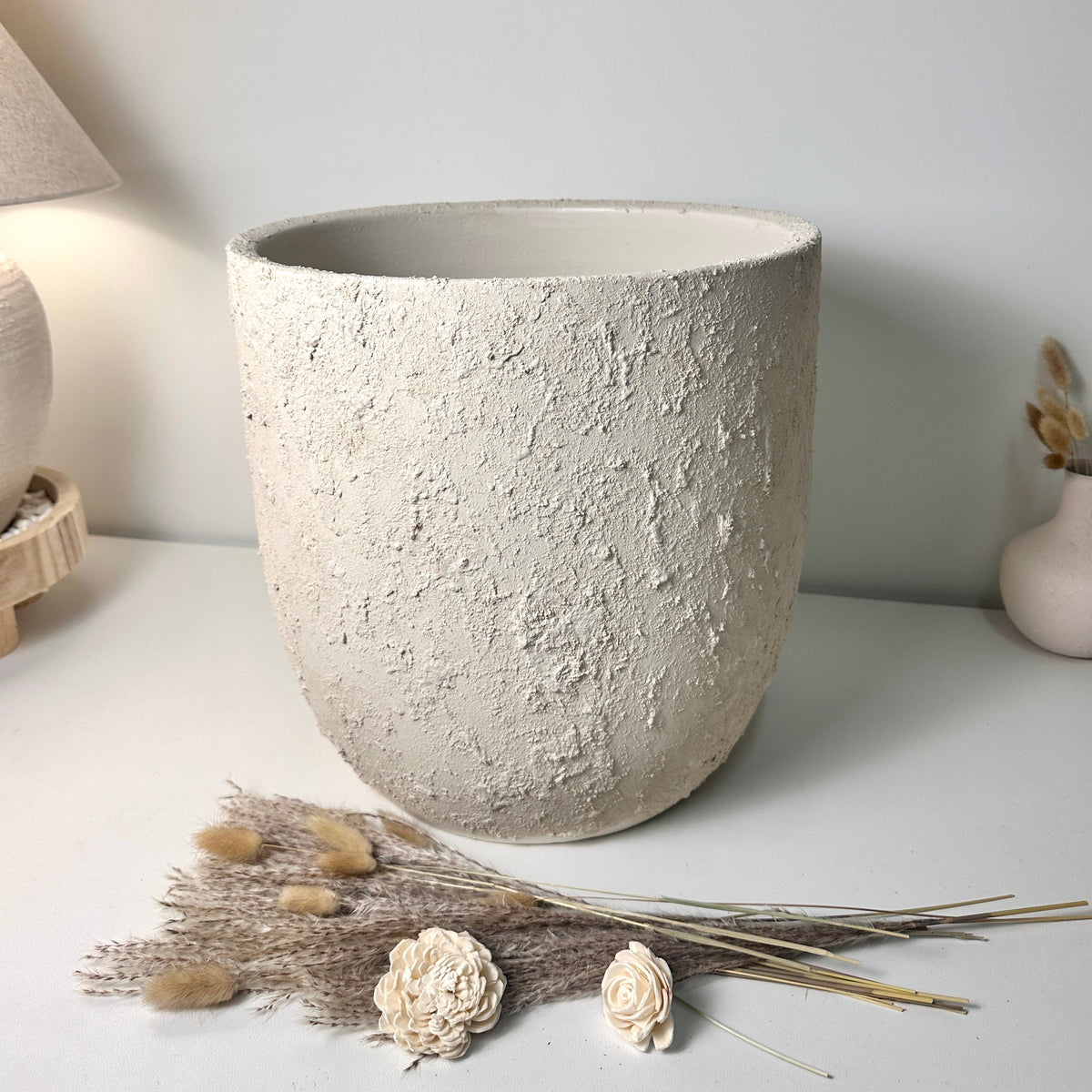 13.5" Minimalist Hand-Painted & Textured Planter Pot with Drainage Hole one time creation - Cream