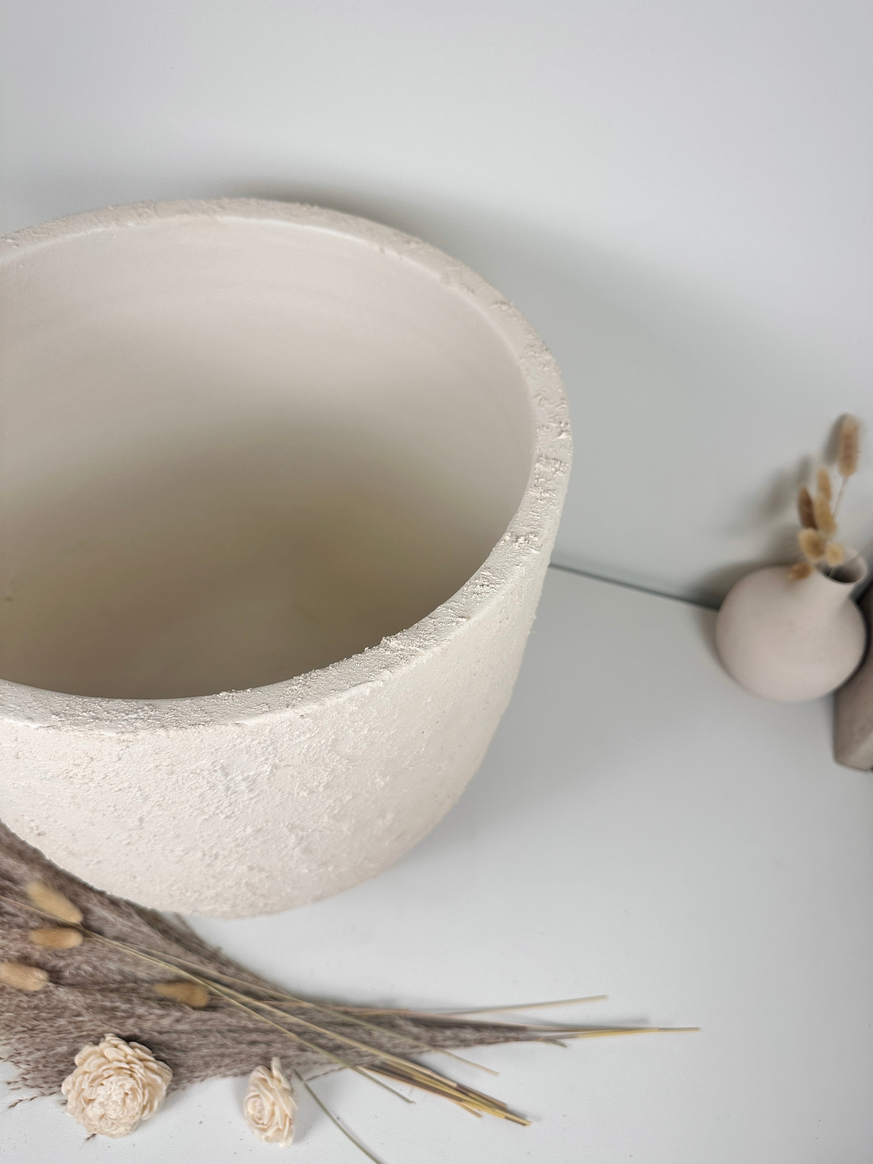 13.5" Minimalist Hand-Painted & Textured Planter Pot with Drainage Hole one time creation - Cream