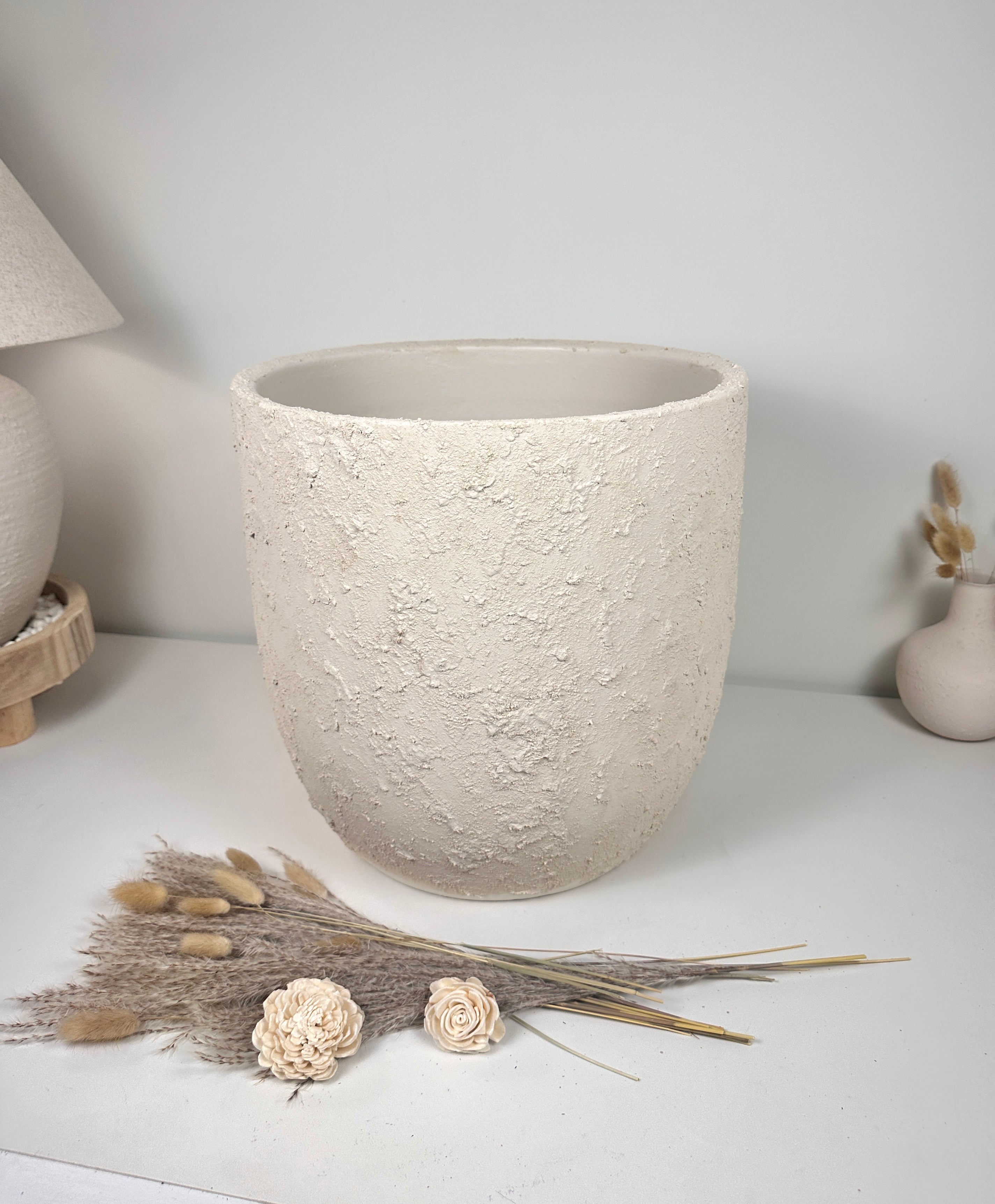 13.5" Minimalist Hand-Painted & Textured Planter Pot with Drainage Hole one time creation - Cream