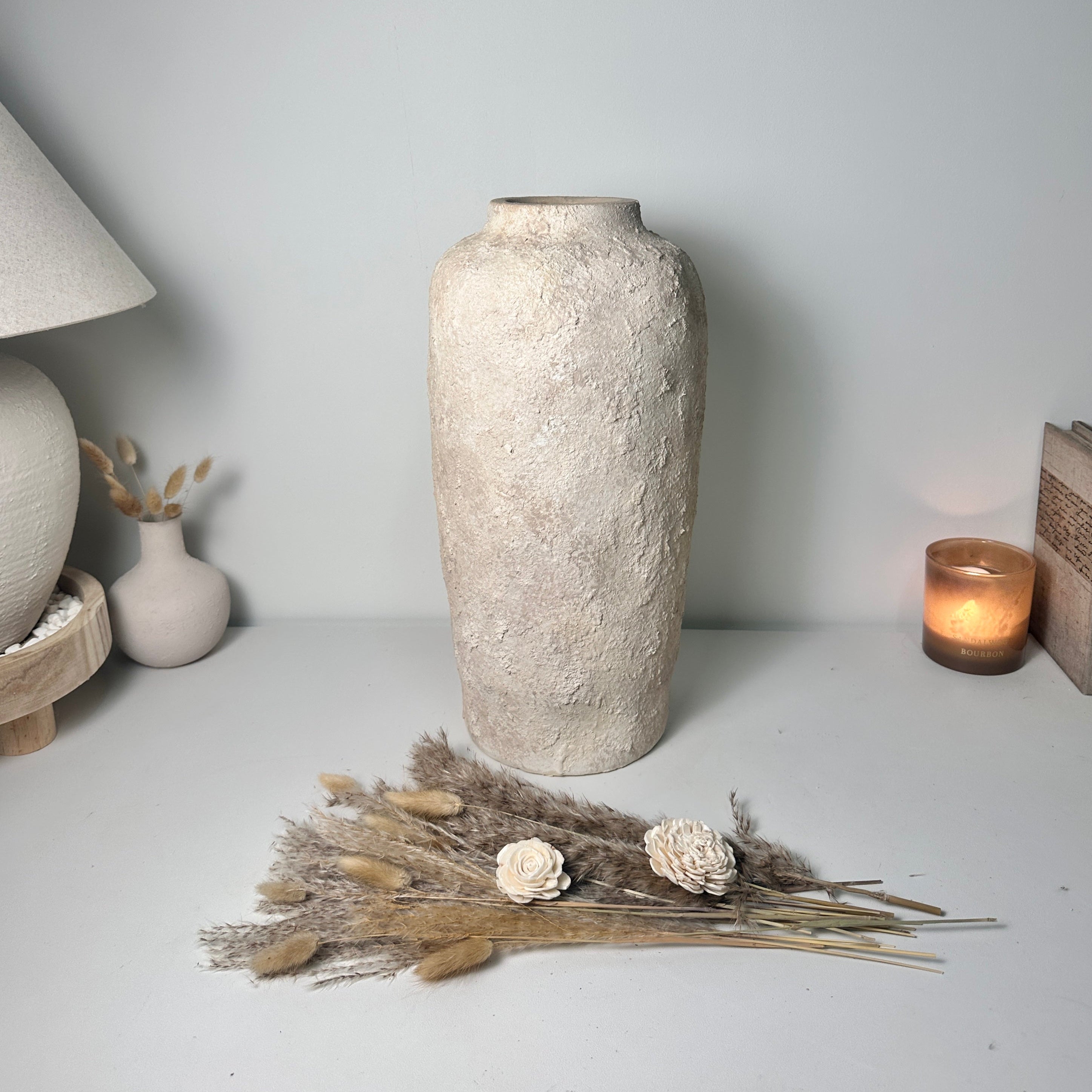 Minimalist Textured Hand-painted Ceramic Vase 18" tall - Cream Sand wash