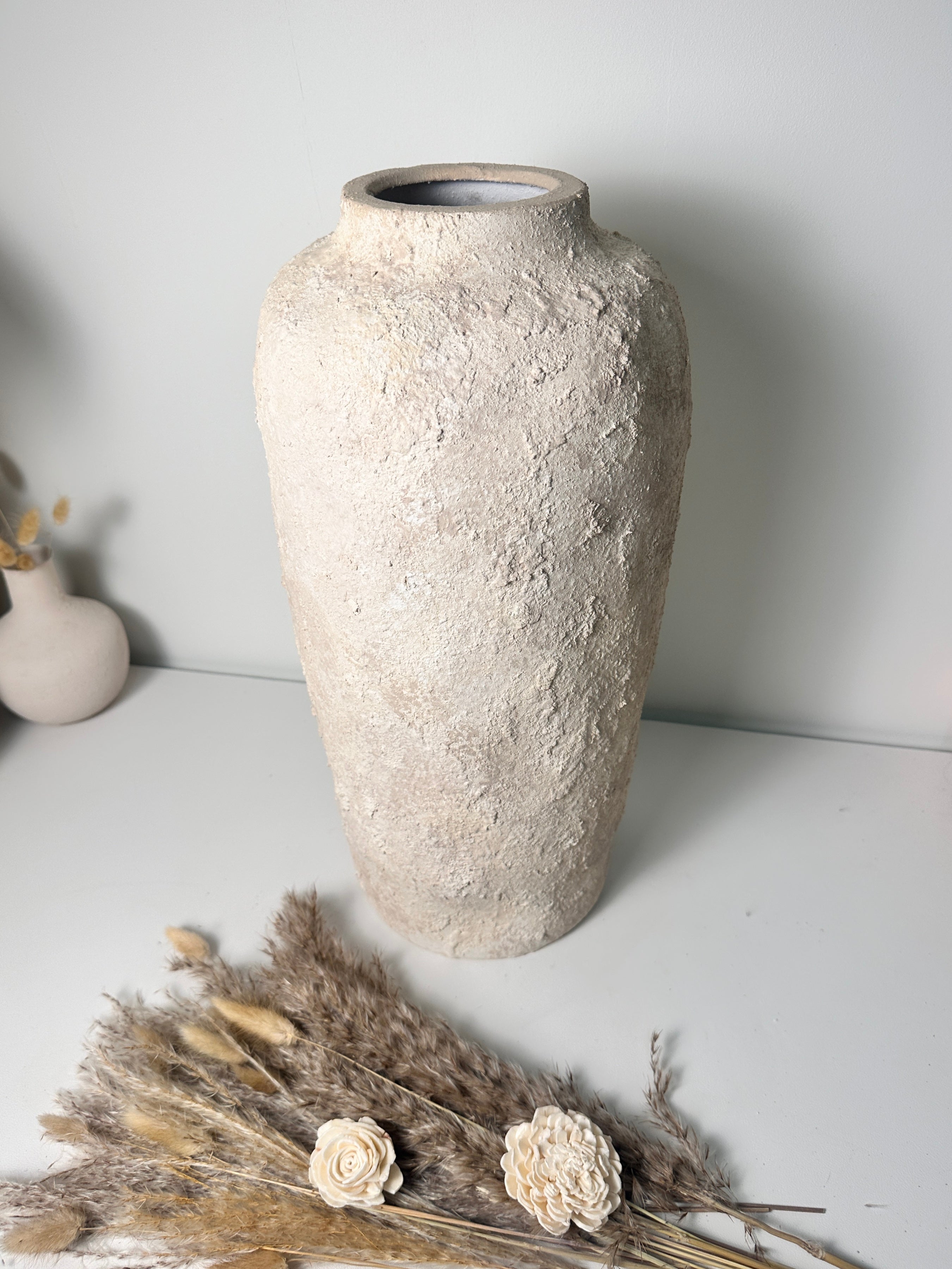 Minimalist Textured Hand-painted Ceramic Vase 18" tall - Cream Sand wash