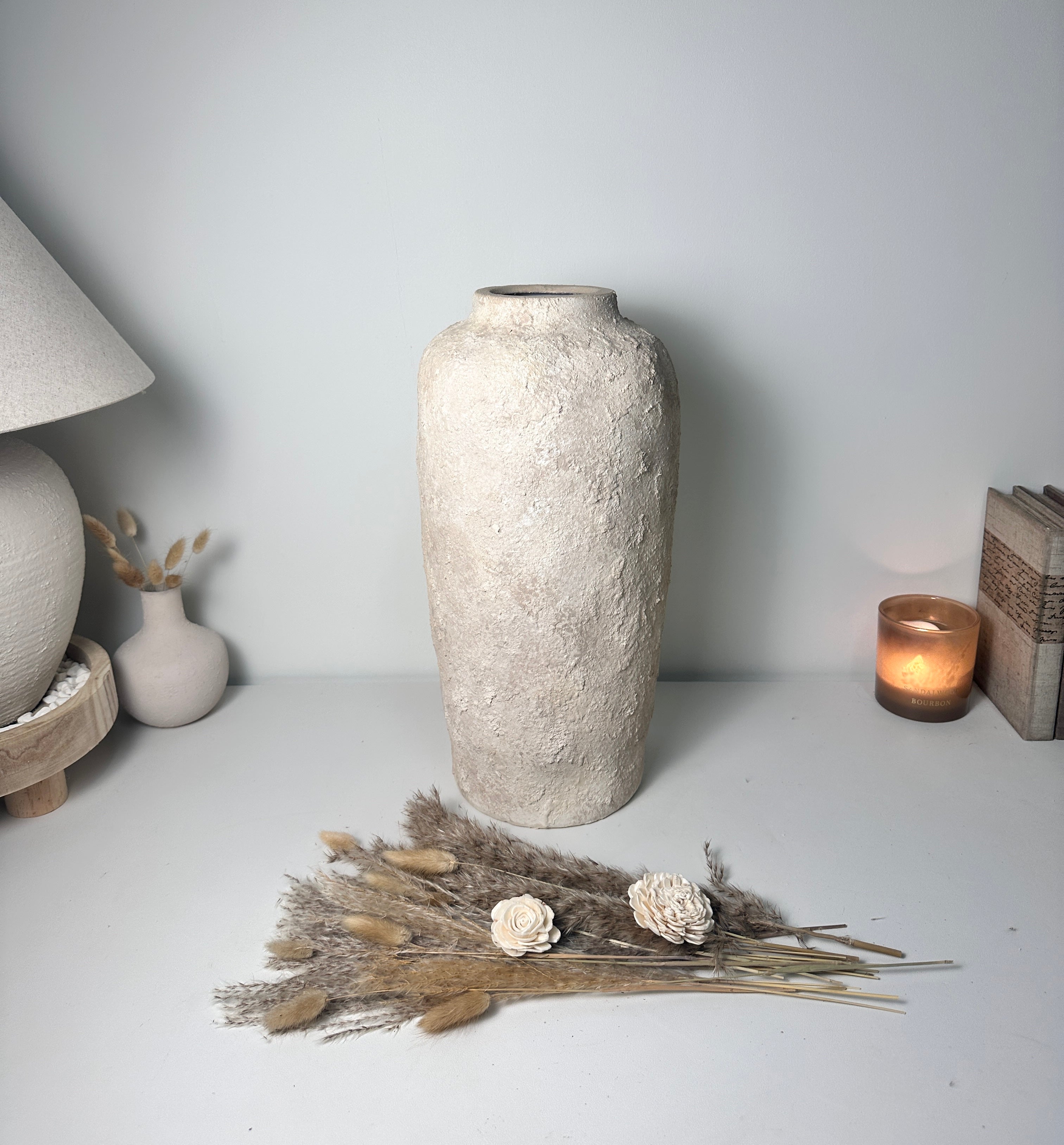 Minimalist Textured Hand-painted Ceramic Vase 18" tall - Cream Sand wash
