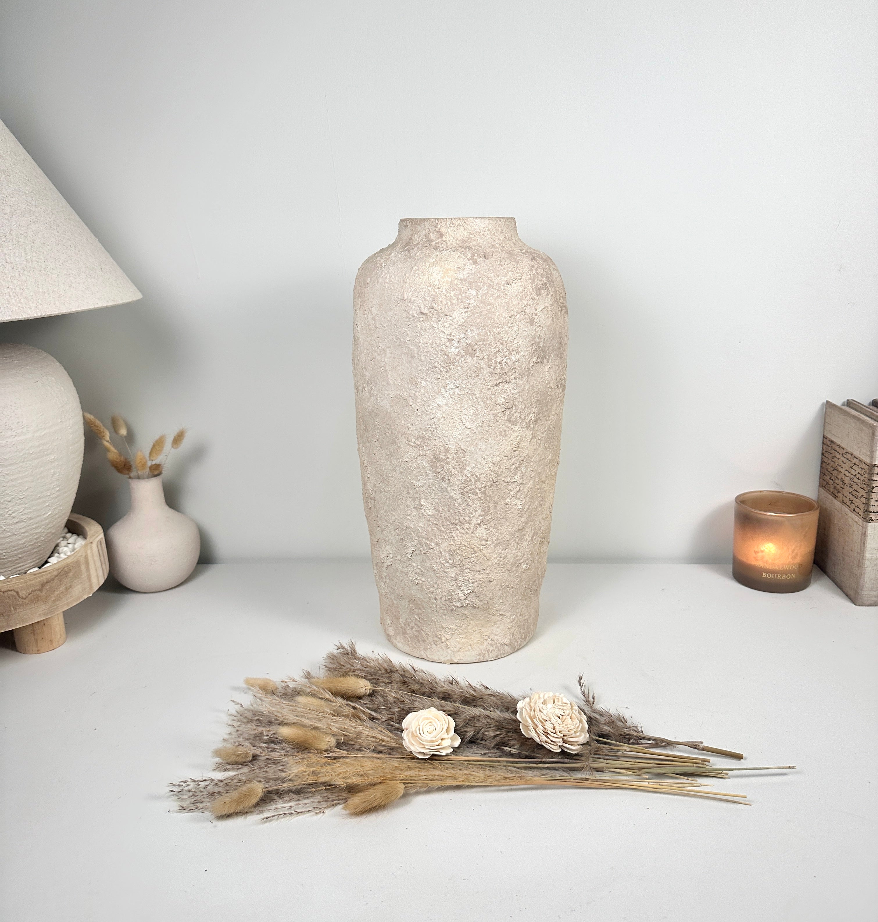 Minimalist Textured Hand-painted Ceramic Vase 18" tall - Cream Sand wash