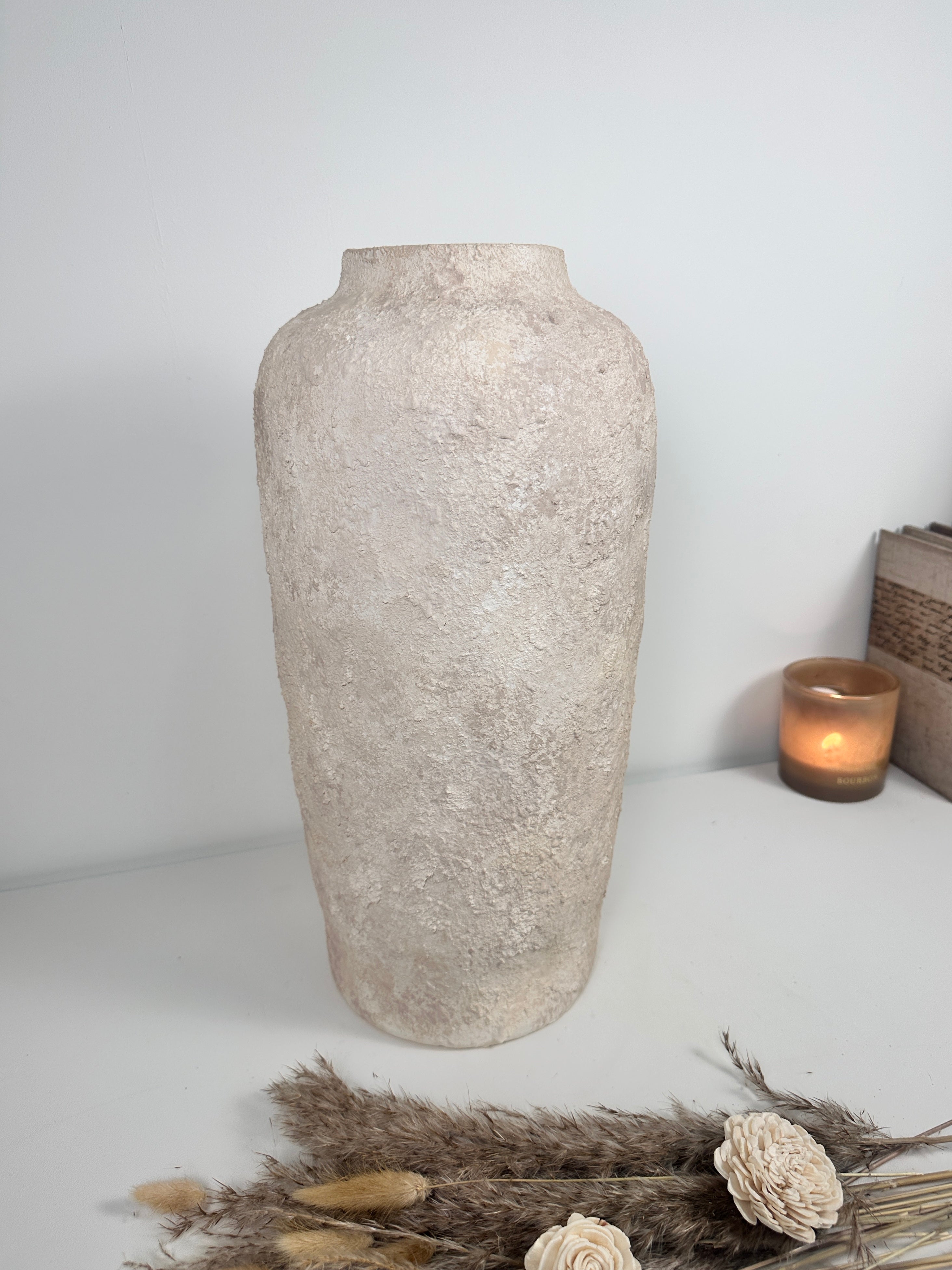 Minimalist Textured Hand-painted Ceramic Vase 18" tall - Cream Sand wash