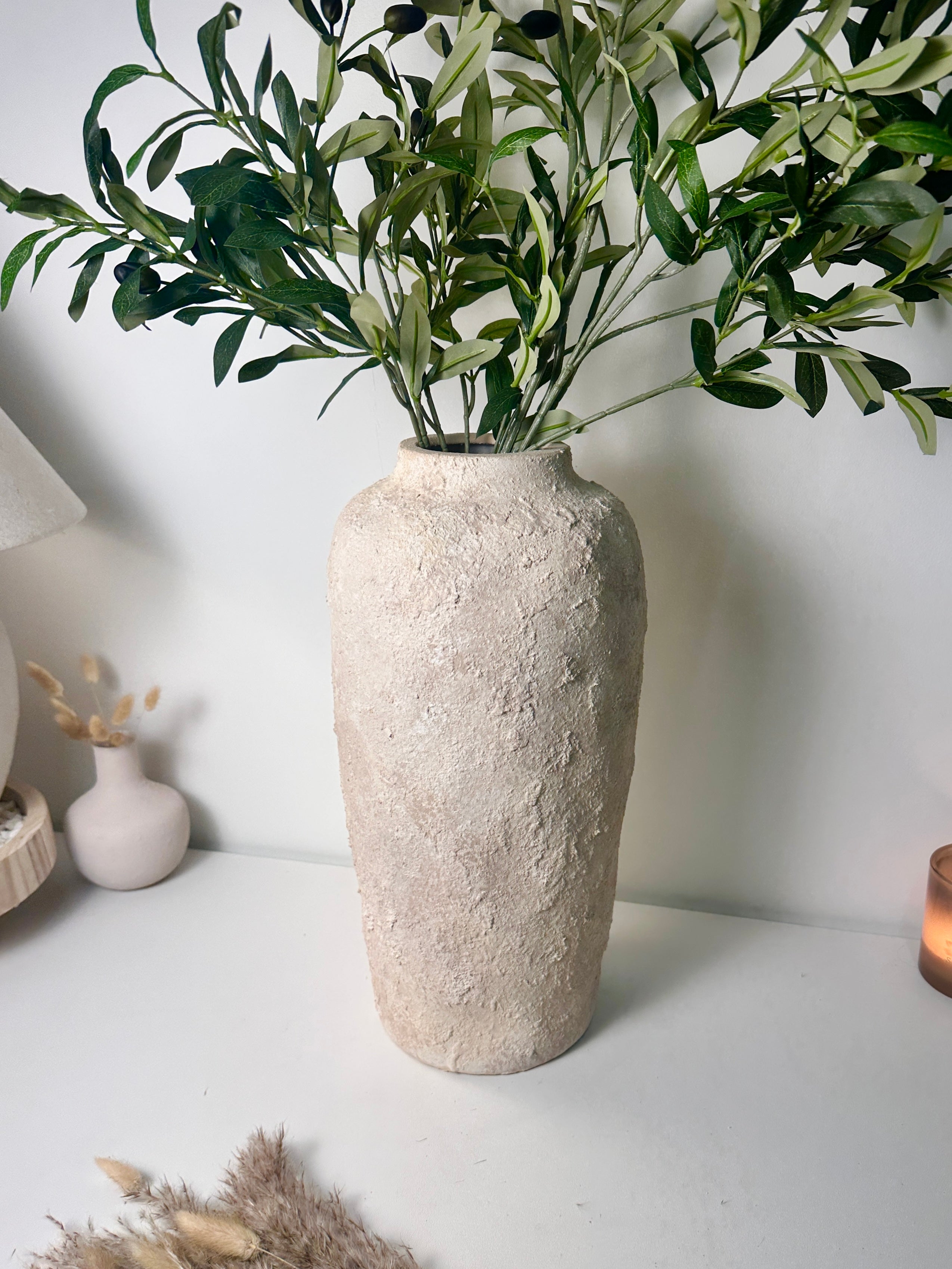 Minimalist Textured Hand-painted Ceramic Vase 18" tall - Cream Sand wash