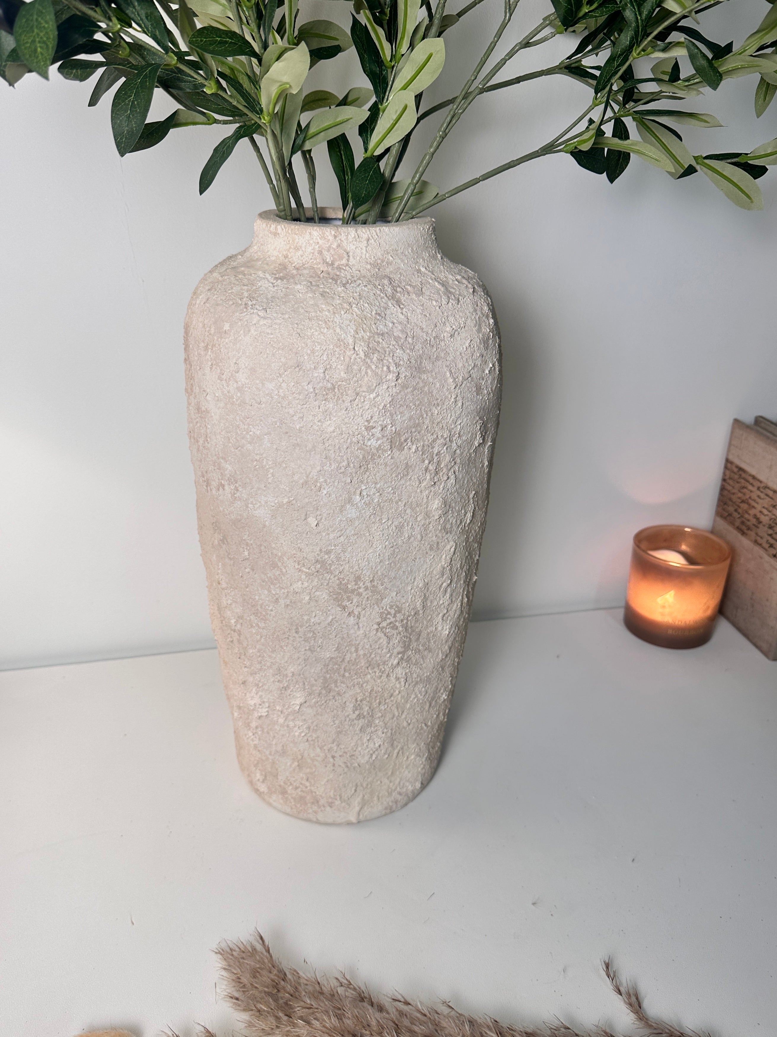 Minimalist Textured Hand-painted Ceramic Vase 18" tall - Cream Sand wash