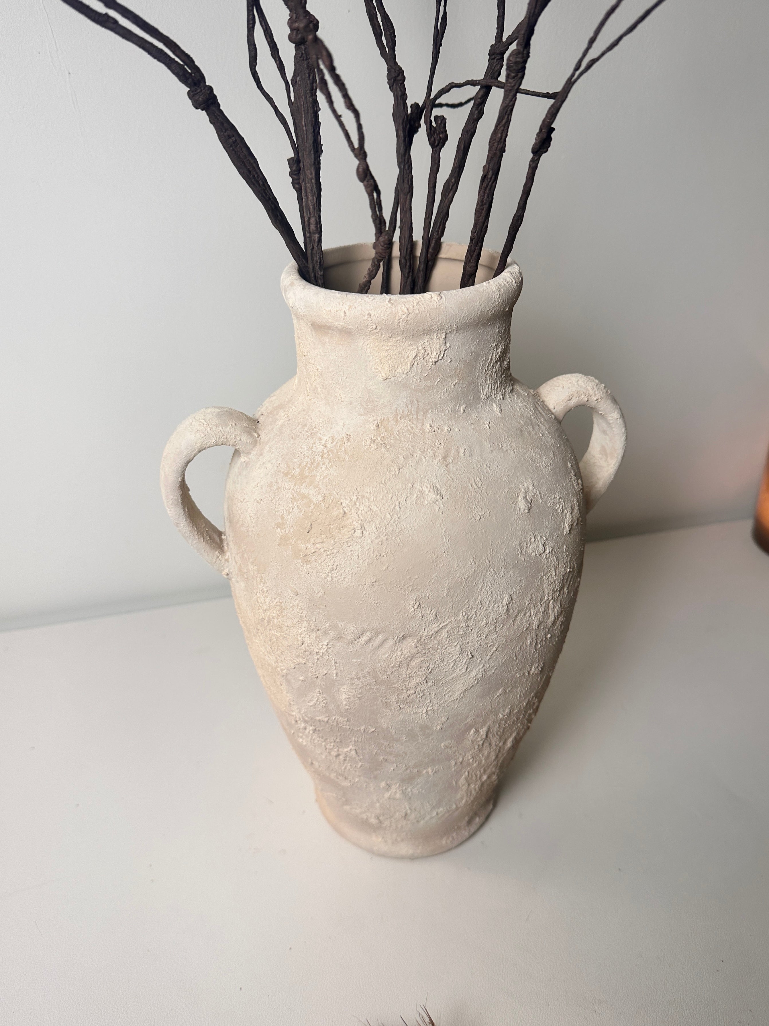 Minimalist Textured Hand-painted Ceramic Vase 12" tall - cream sand/off-white