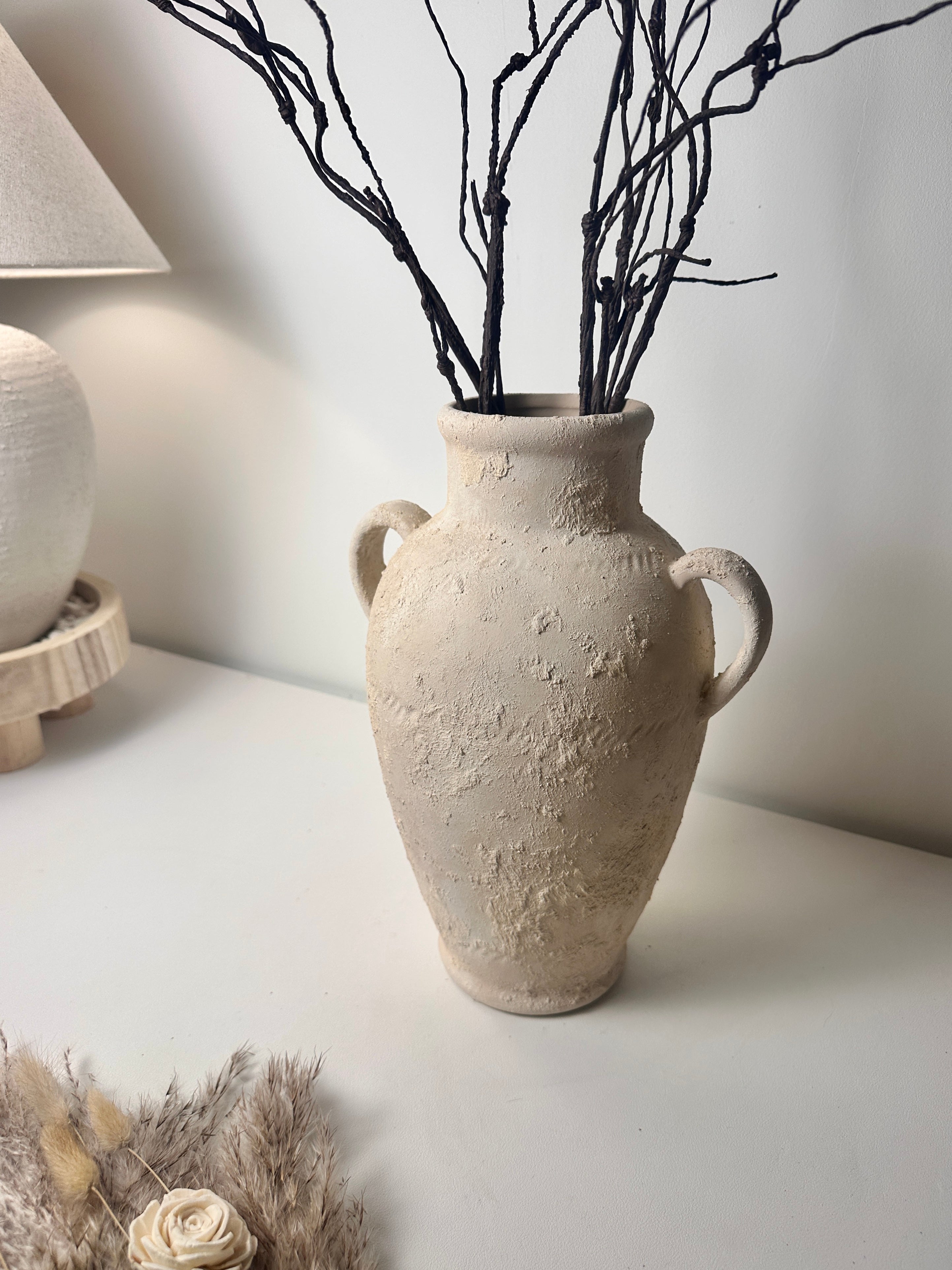 Minimalist Textured Hand-painted Ceramic Vase 12" tall - cream sand/off-white