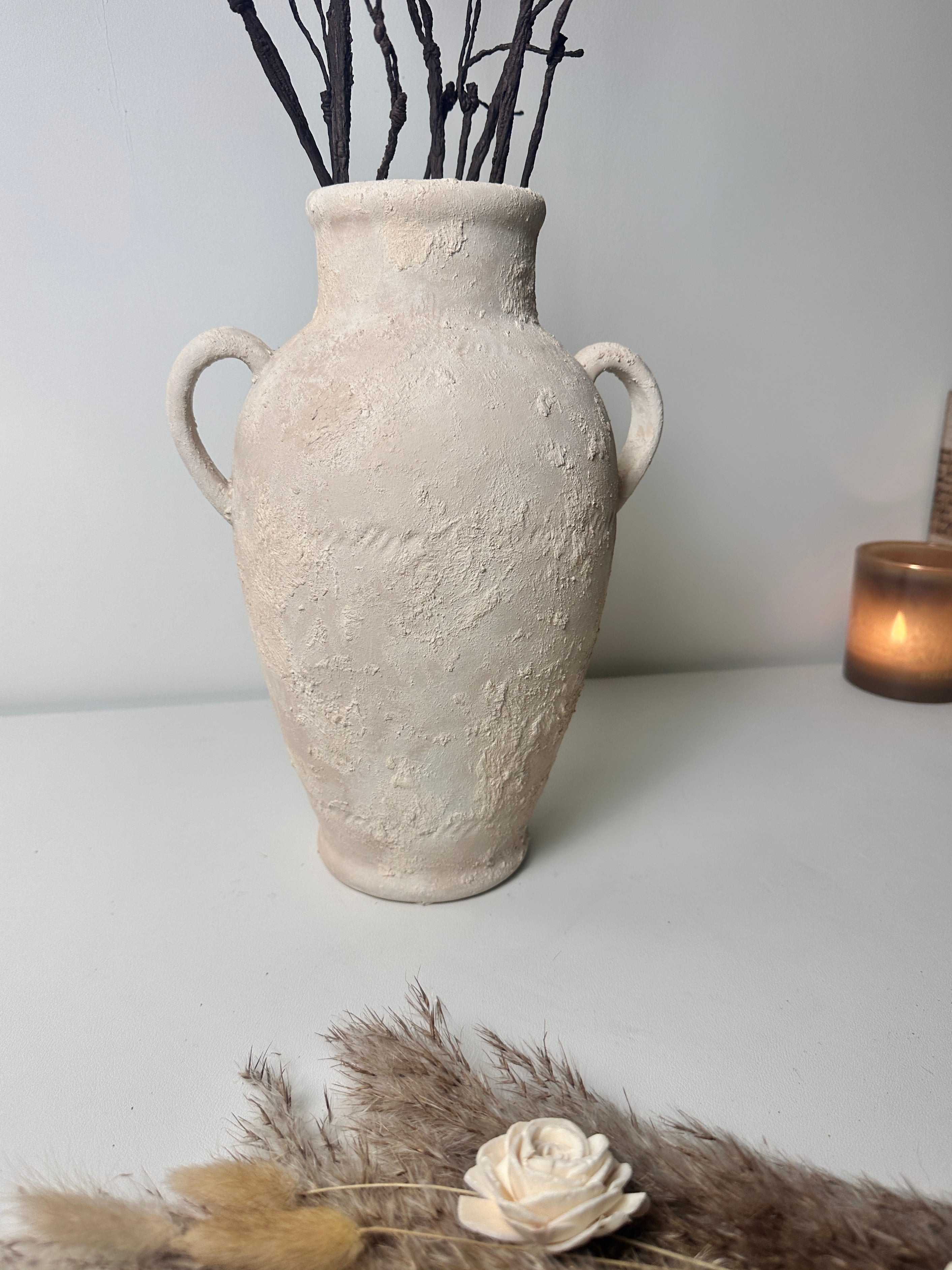 Minimalist Textured Hand-painted Ceramic Vase 12" tall - cream sand/off-white