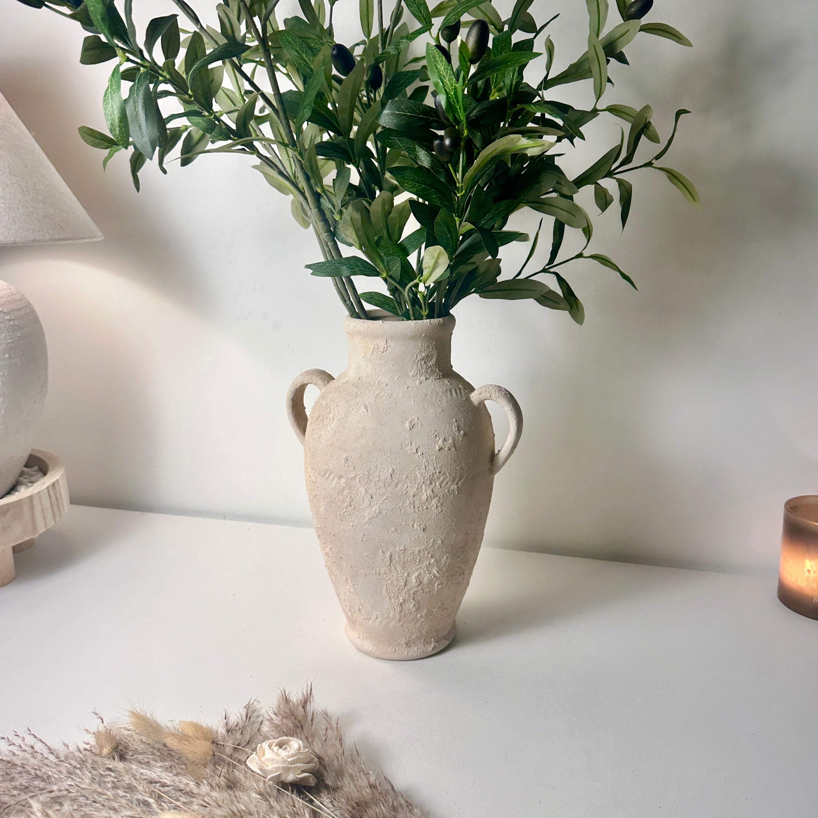 Minimalist Textured Hand-painted Ceramic Vase 12" tall - cream sand/off-white
